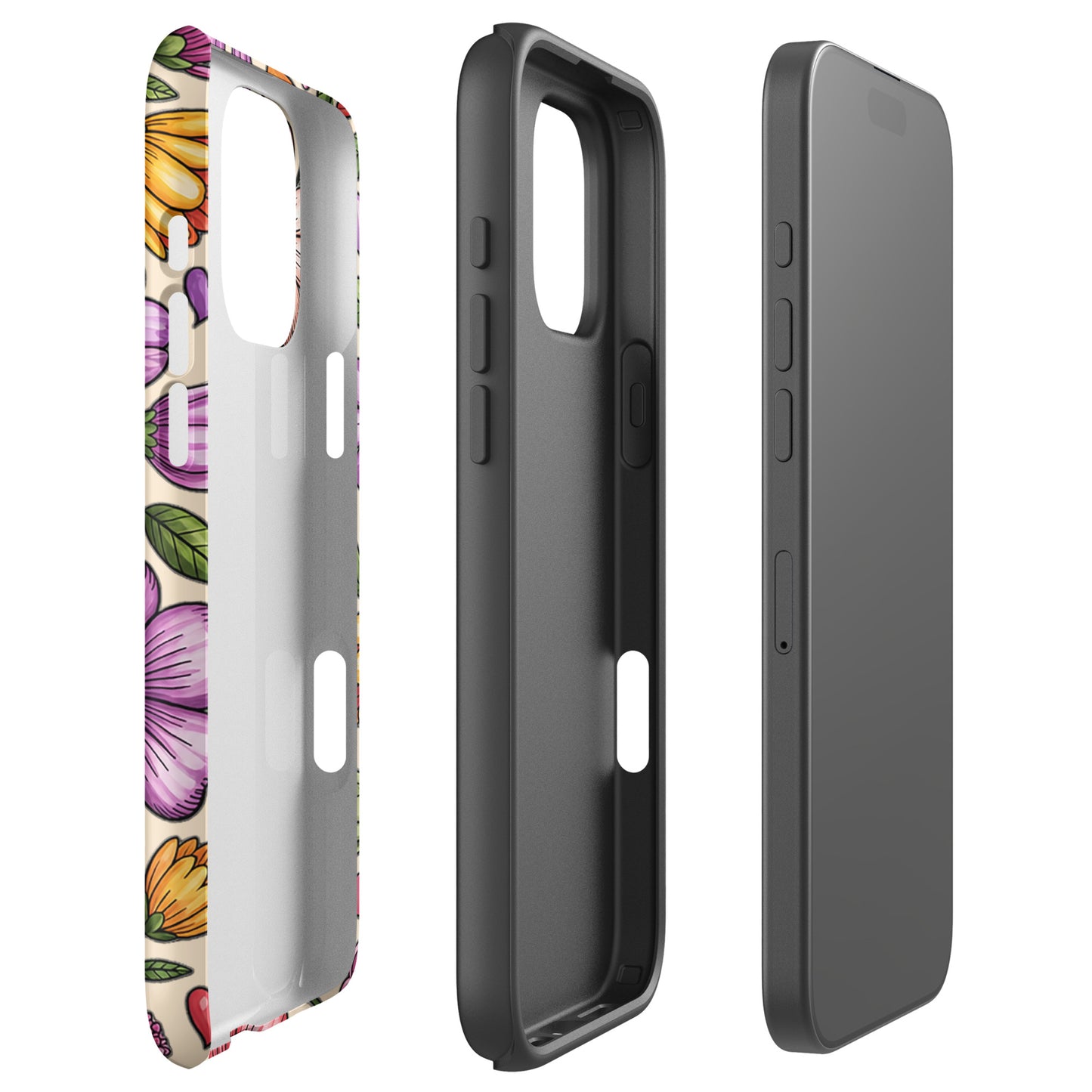 Phone Case for iPhone: Pastel Floral design with dual-layer protection, featuring spring colors like pink, peach, lavender, and yellow.