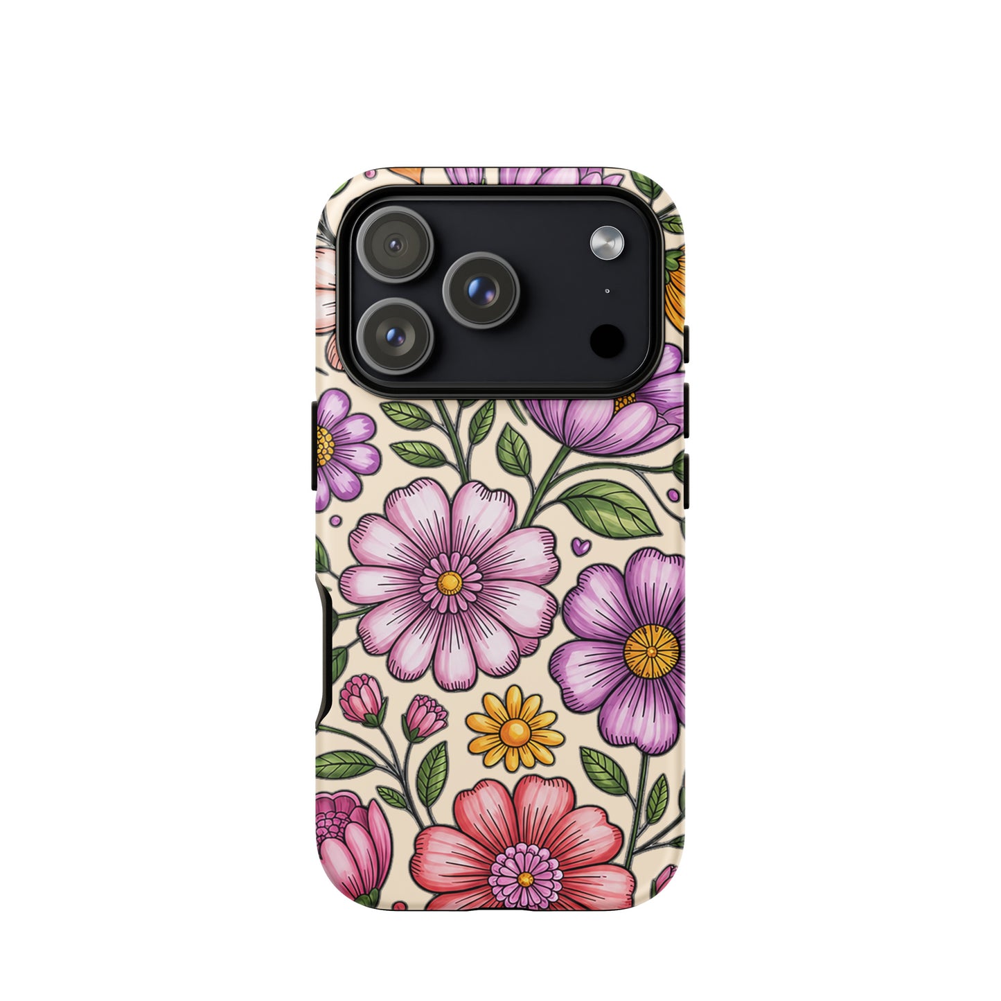 Phone Case with pastel floral design featuring pink, peach, lavender, and yellow flowers on polycarbonate shell, iPhone compatible.