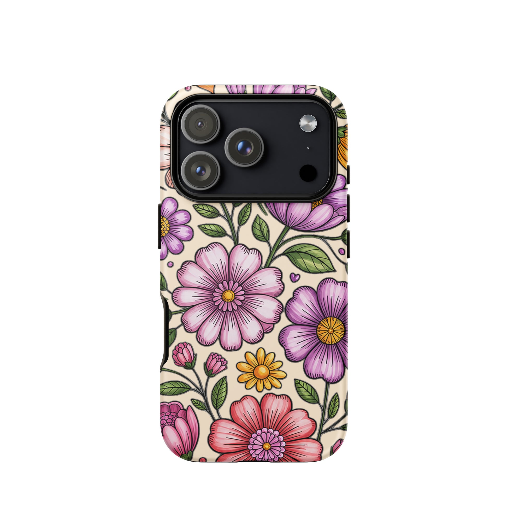 Phone Case with pastel floral design featuring pink, peach, lavender, and yellow flowers on polycarbonate shell, iPhone compatible.
