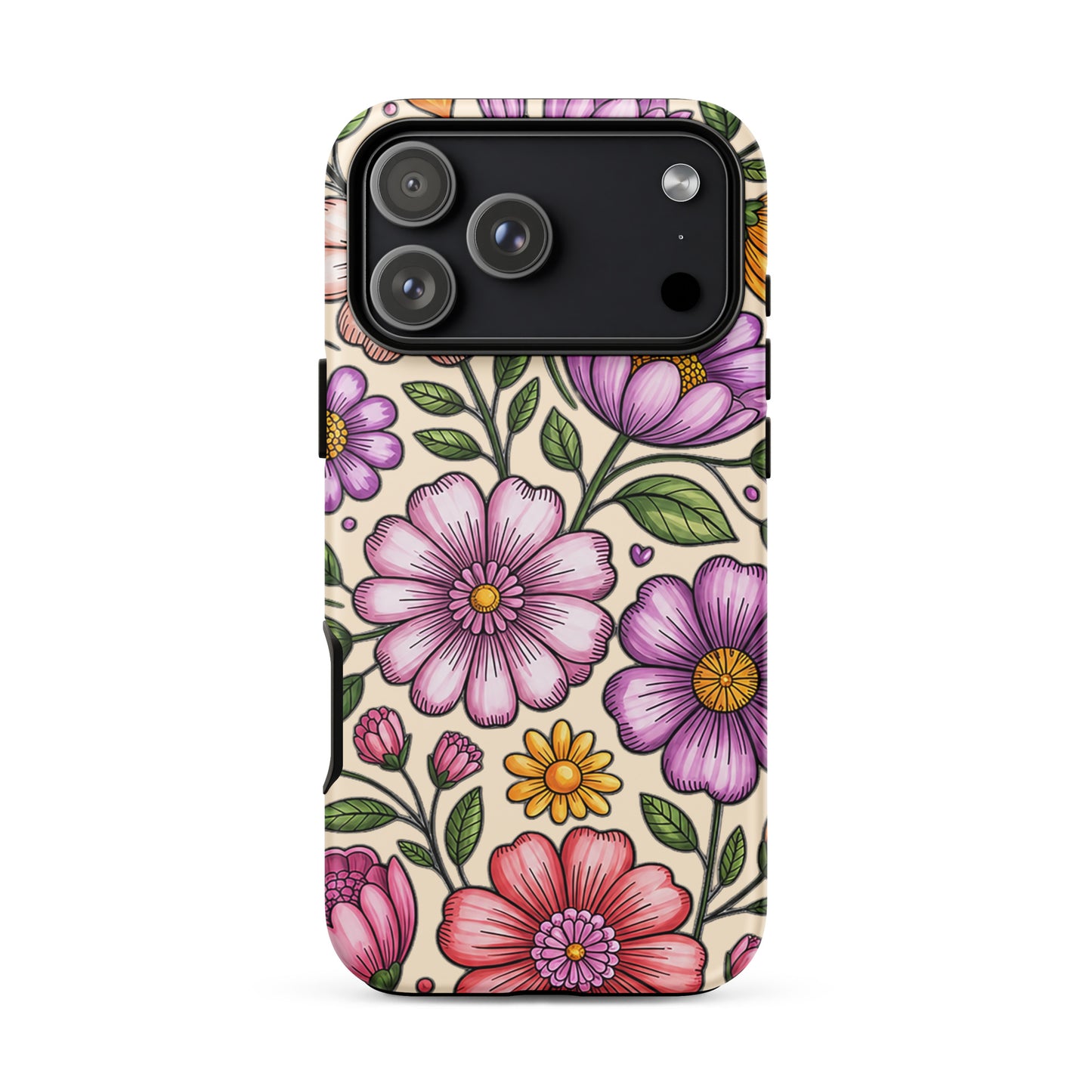 Phone Case for iPhone with pastel floral design, featuring pink, purple, and yellow flowers for a cheerful, elegant look.