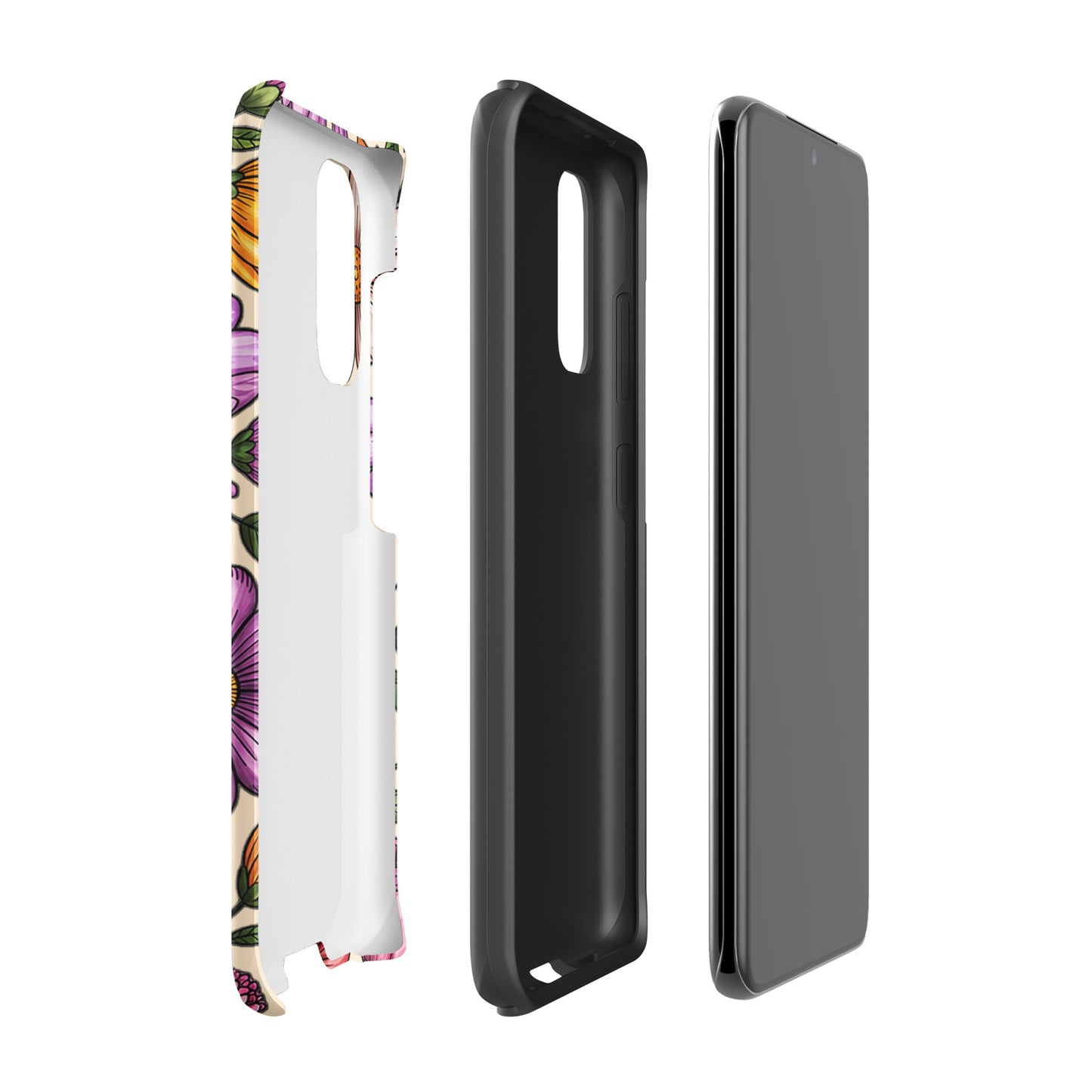 Phone Case for Samsung Galaxy with pastel floral design and dual-layer protection, shown in three assembled parts.