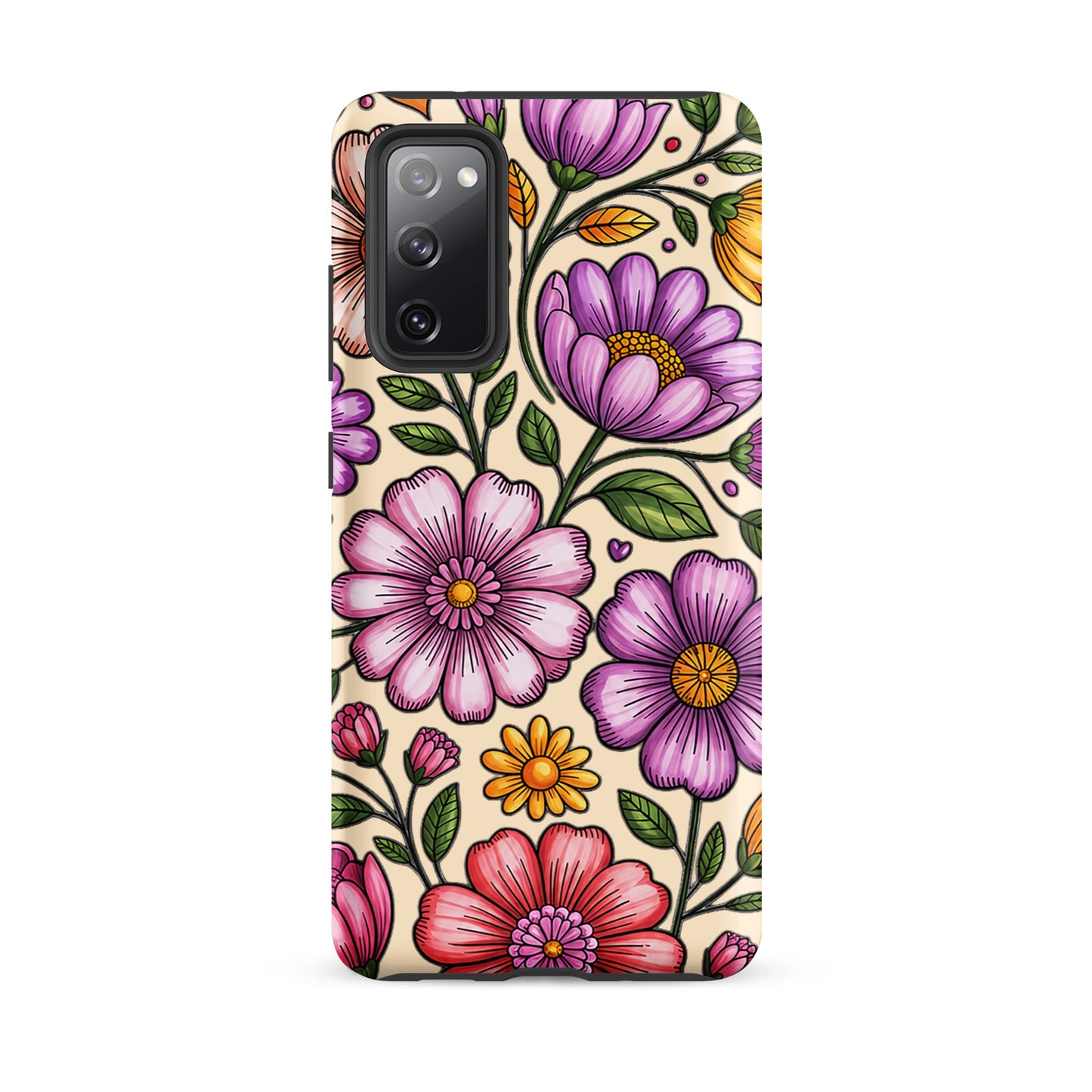 Phone Case for Samsung Galaxy with pastel floral design, featuring pink, peach, lavender, and yellow flowers on a durable shell.