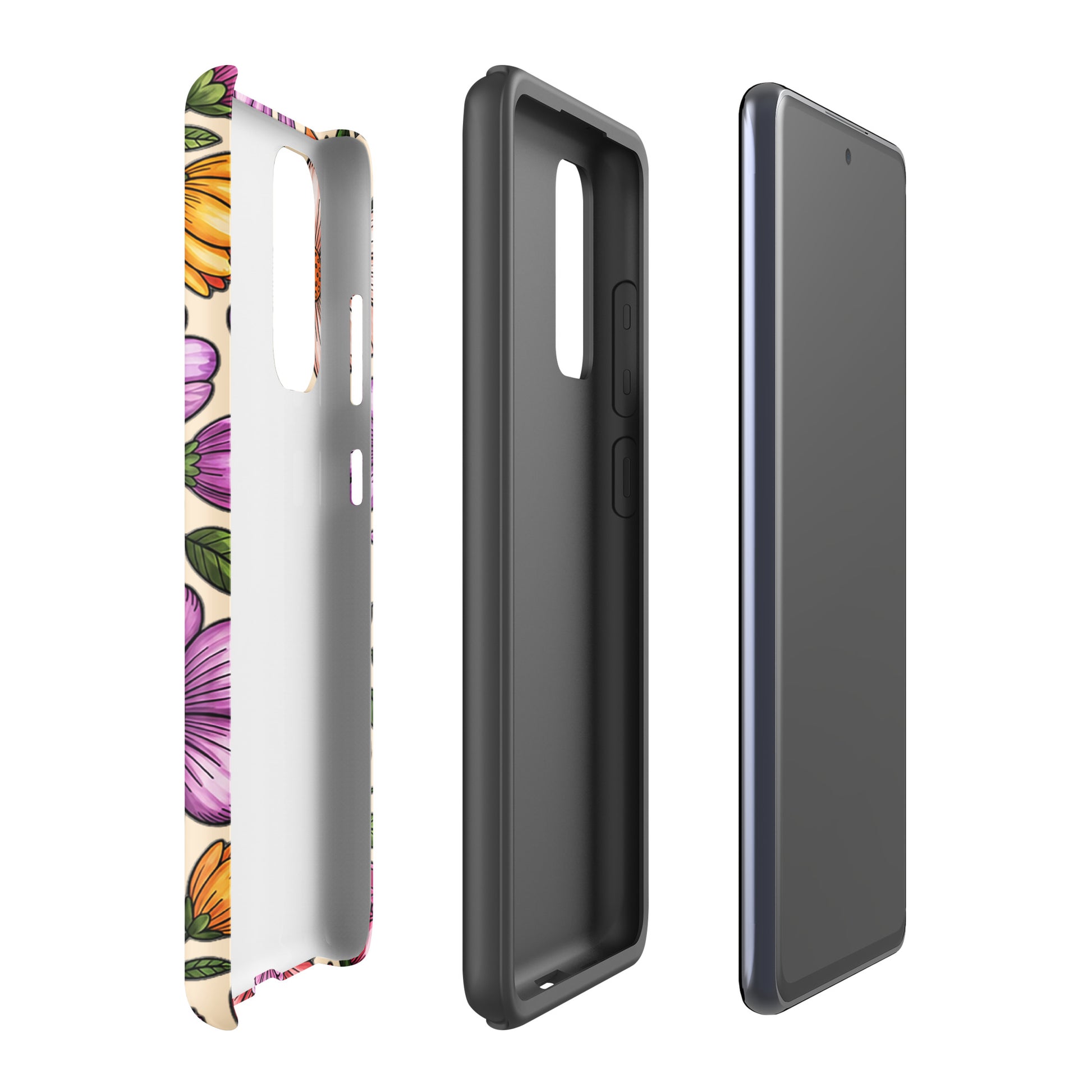 Phone Case for Samsung Galaxy with pastel floral design and dual-layer construction for impact resistance, showcasing side and front views.