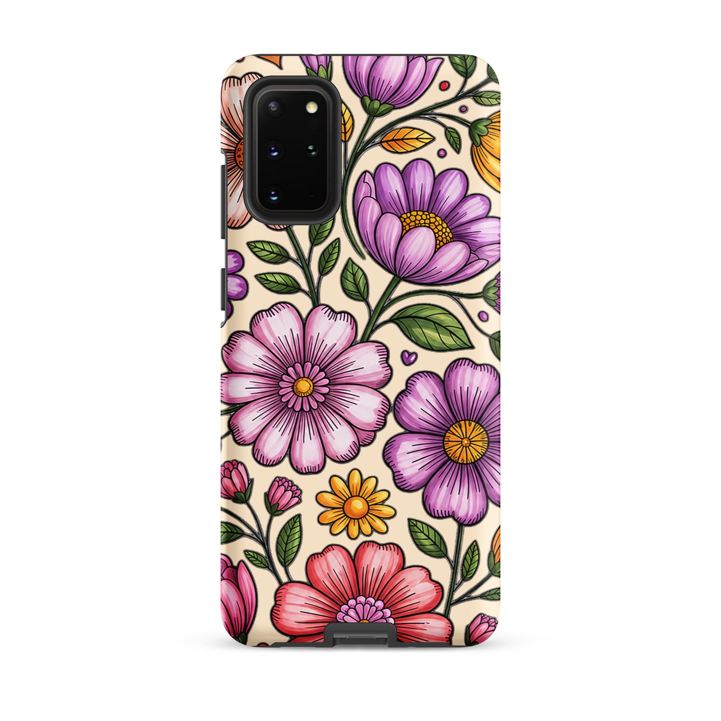 Phone Case with pastel floral design for Samsung Galaxy, featuring pink, peach, lavender flowers on durable dual-layer construction.
