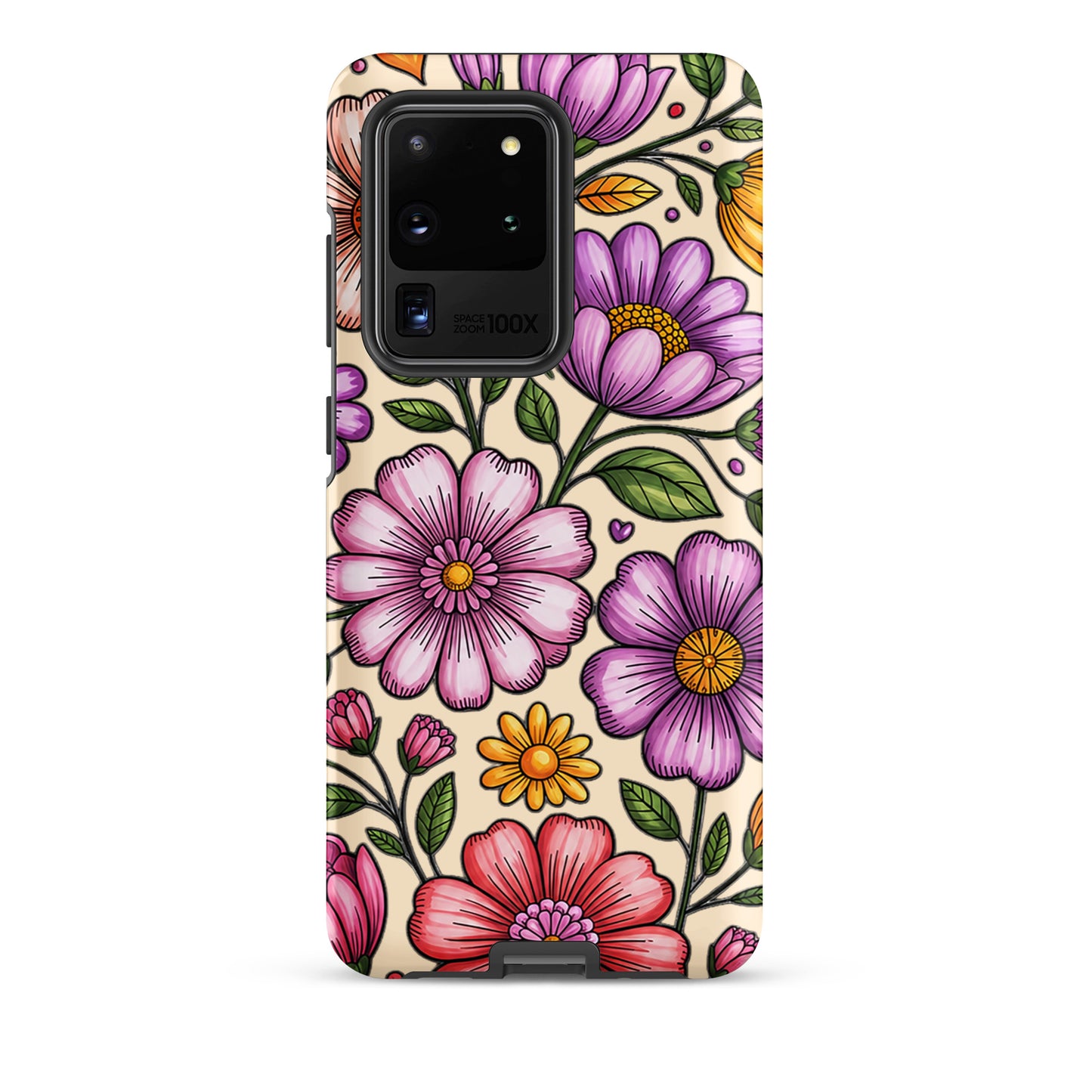 Phone Case for Samsung Galaxy with pastel floral design in pink, peach, lavender, and yellow on a durable polycarbonate shell.