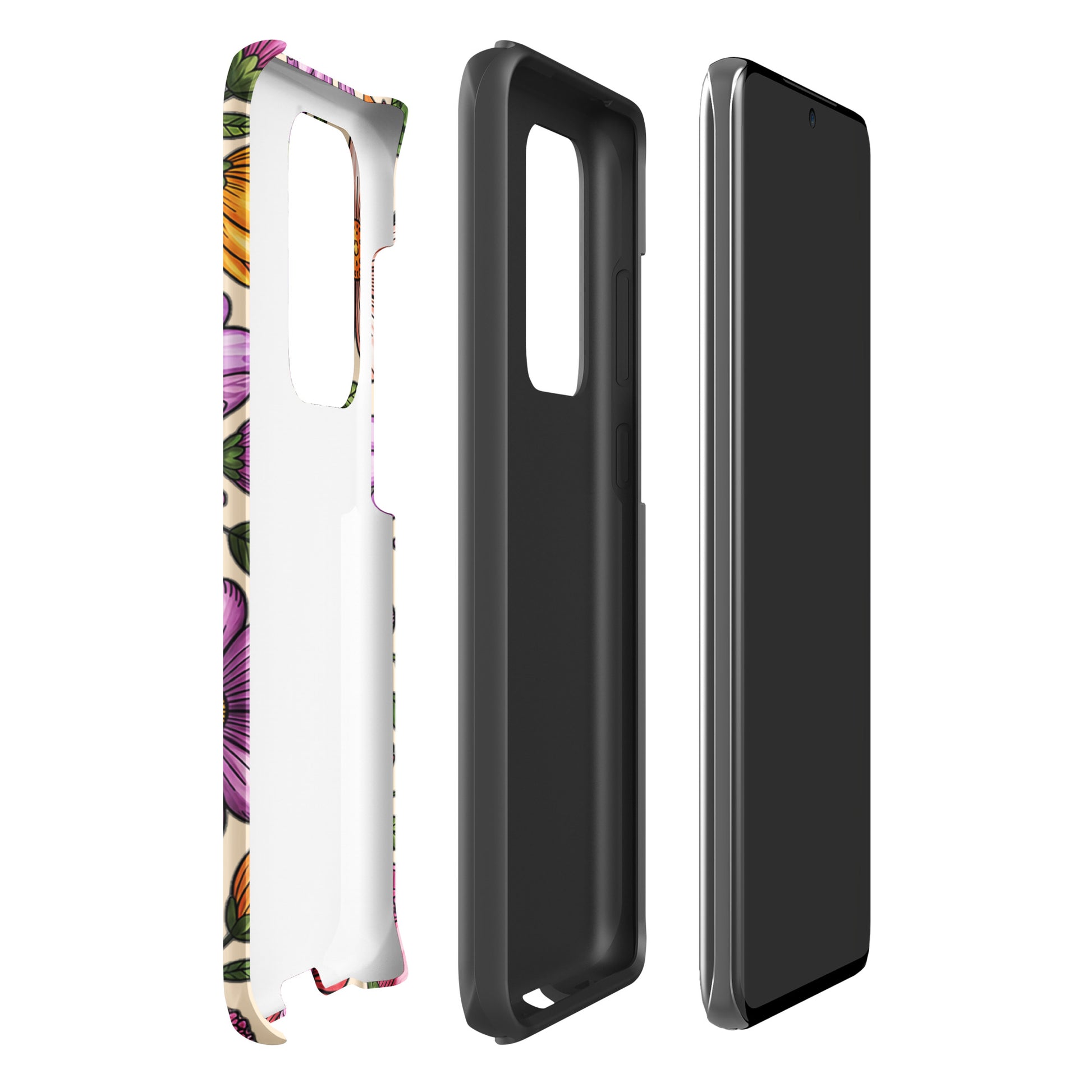 Phone Case for Samsung Galaxy with pastel floral design, shown in parts to highlight dual-layer construction.