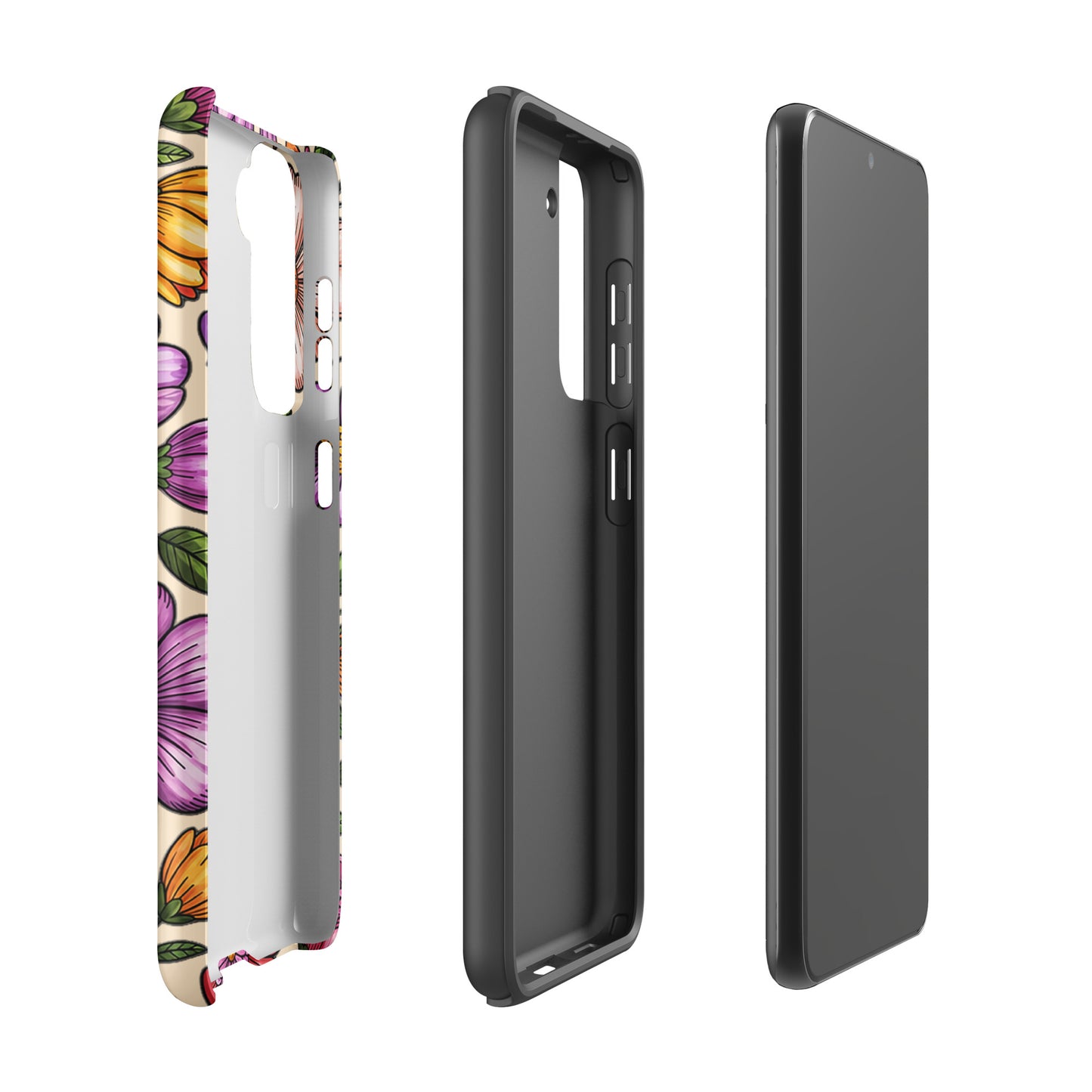 Phone Case for Samsung Galaxy with pastel floral design and dual-layer construction, shown in three-piece layout.