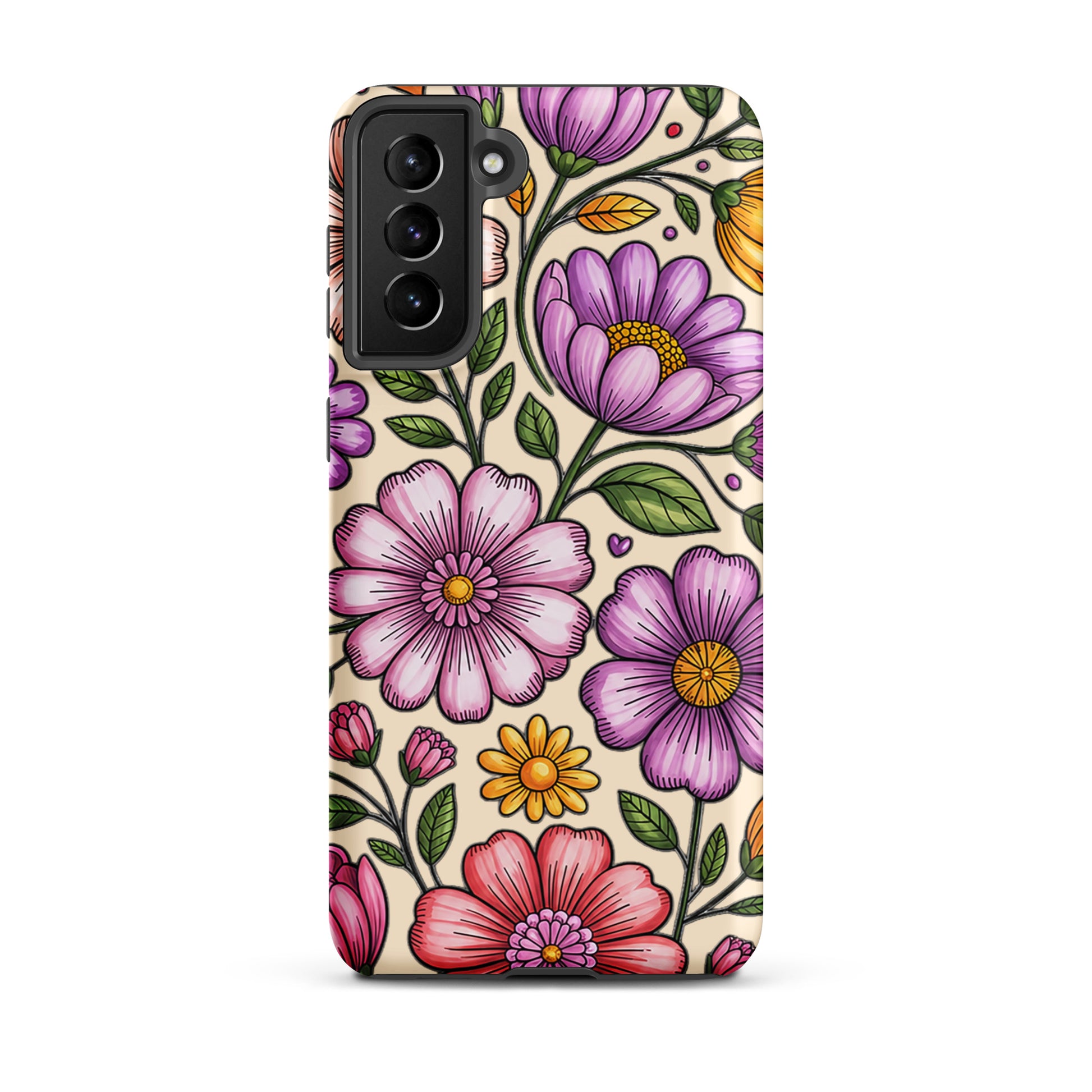 Phone Case with pastel floral design for Samsung Galaxy, featuring vibrant pink, peach, lavender flowers on a durable dual-layer shell.