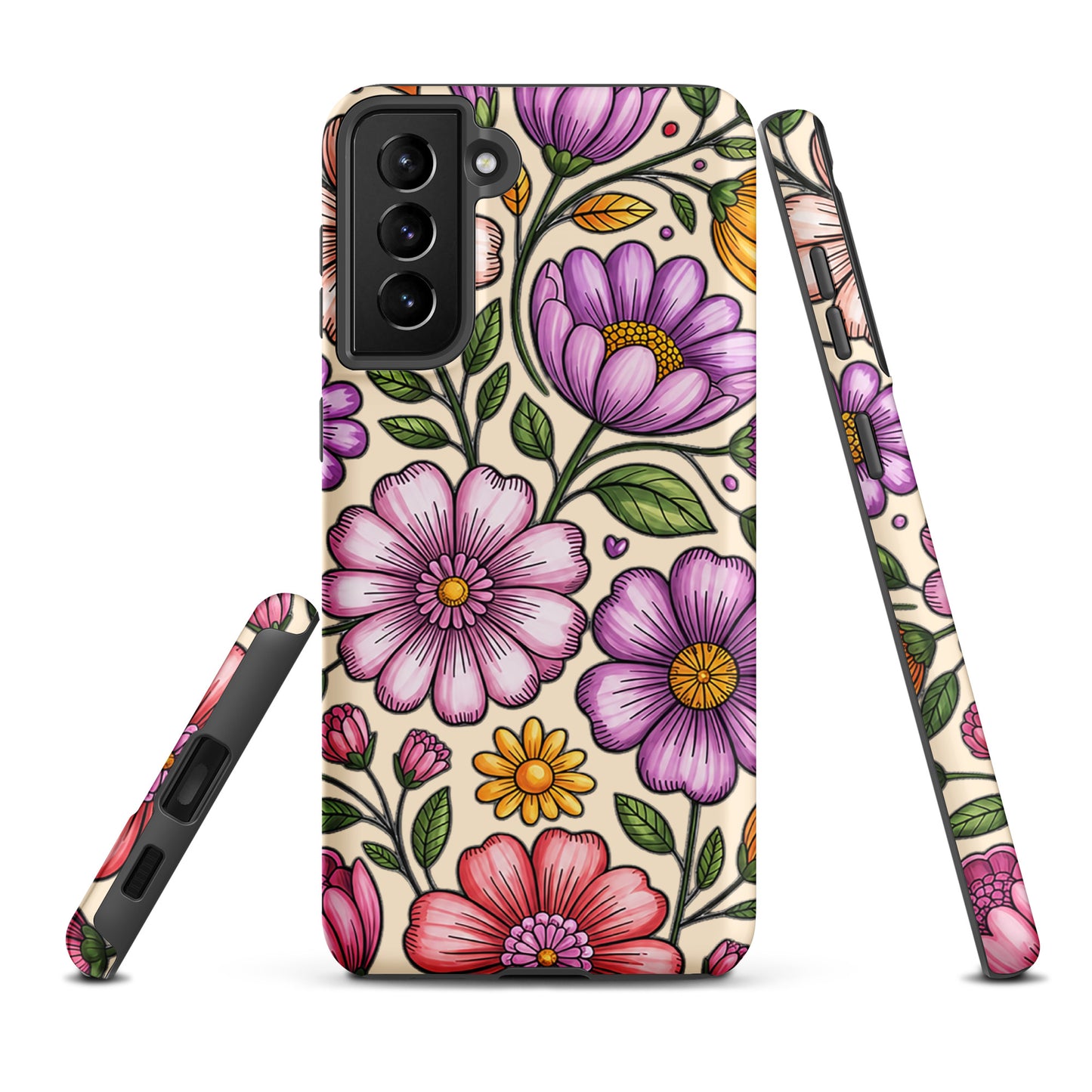 Phone Case for Samsung Galaxy with pastel floral design, featuring pink, peach, lavender, and yellow flowers on a durable shell.