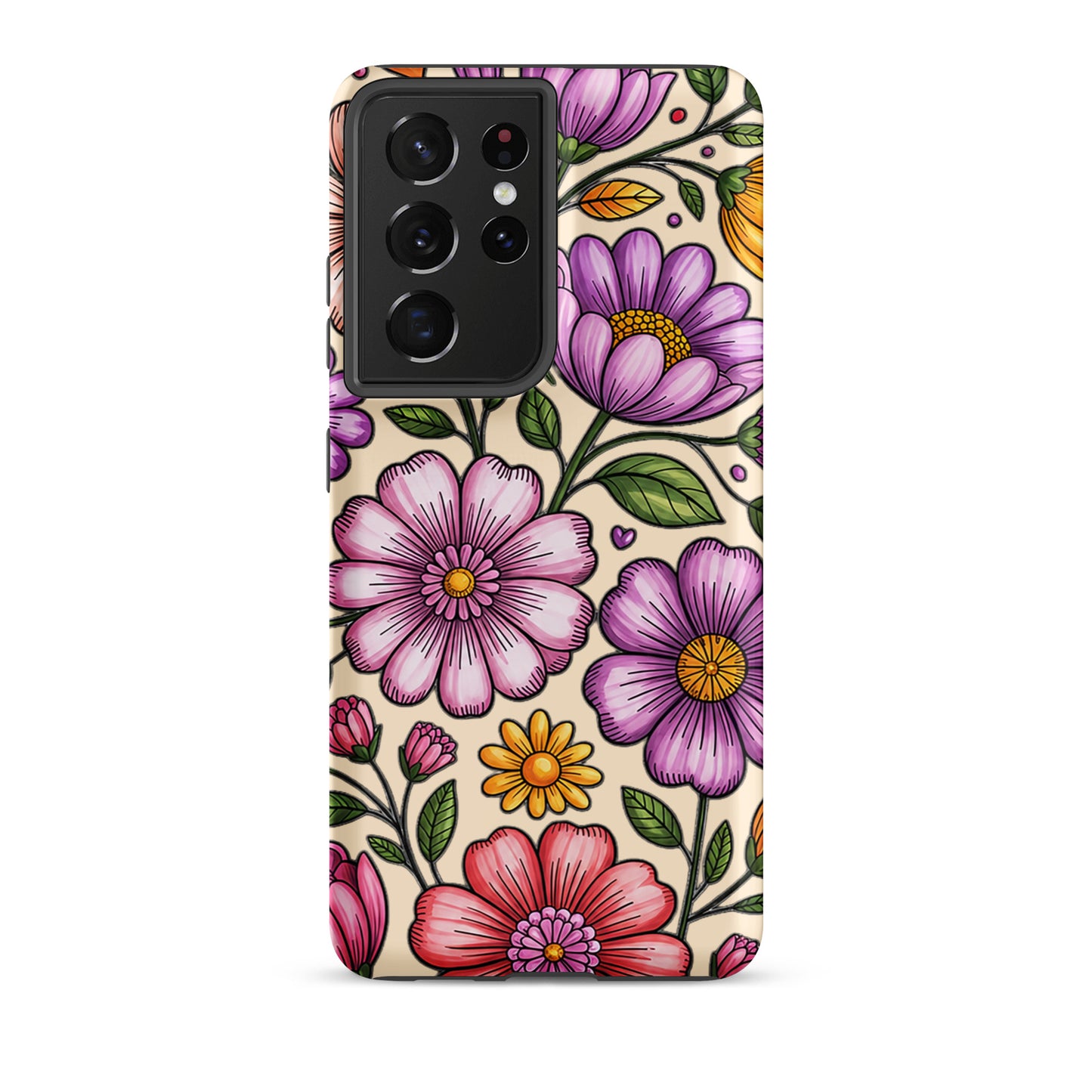Phone Case for Samsung Galaxy with pastel floral design featuring pink, peach, lavender flowers on a durable polycarbonate shell.