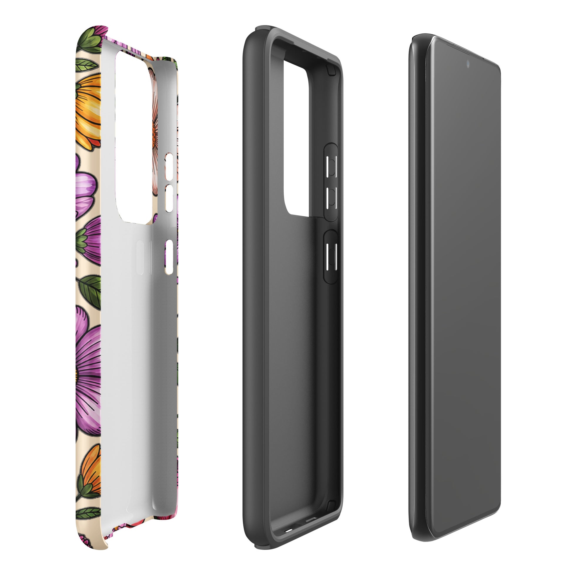 Phone Case for Samsung Galaxy with pastel floral design, showcasing dual-layer protection with impact-resistant polycarbonate shell.