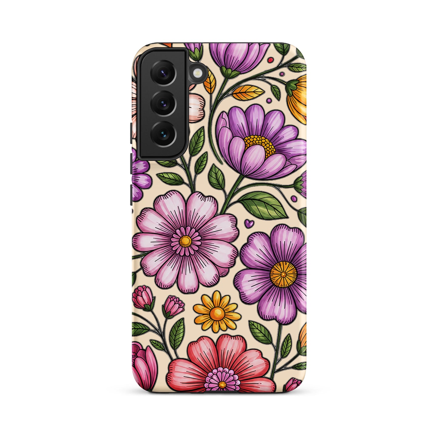 Phone Case for Samsung Galaxy with pastel floral design featuring pink, peach, lavender, and yellow flowers on a durable polycarbonate shell.