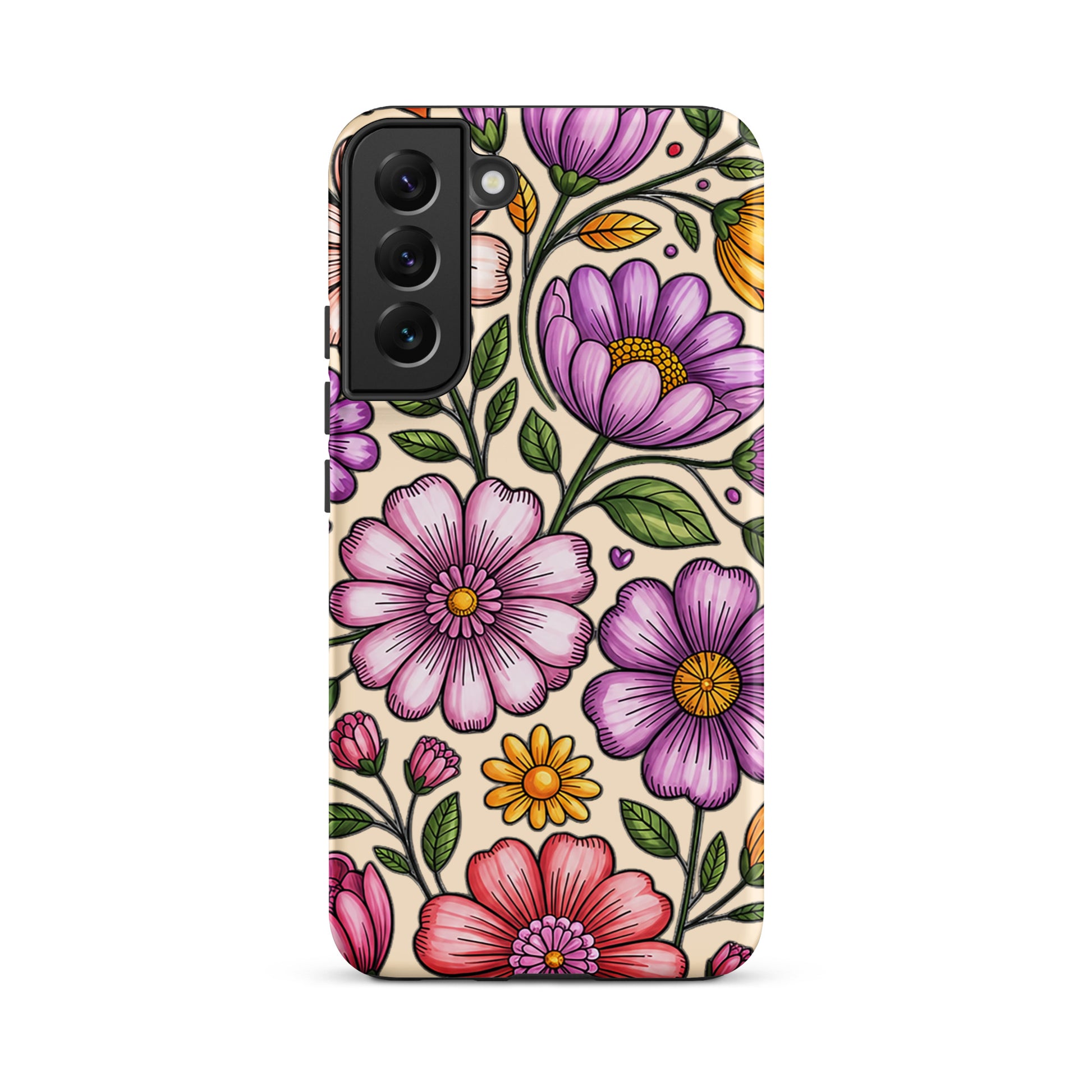 Phone Case for Samsung Galaxy with pastel floral design featuring pink, peach, lavender, and yellow flowers on a durable polycarbonate shell.