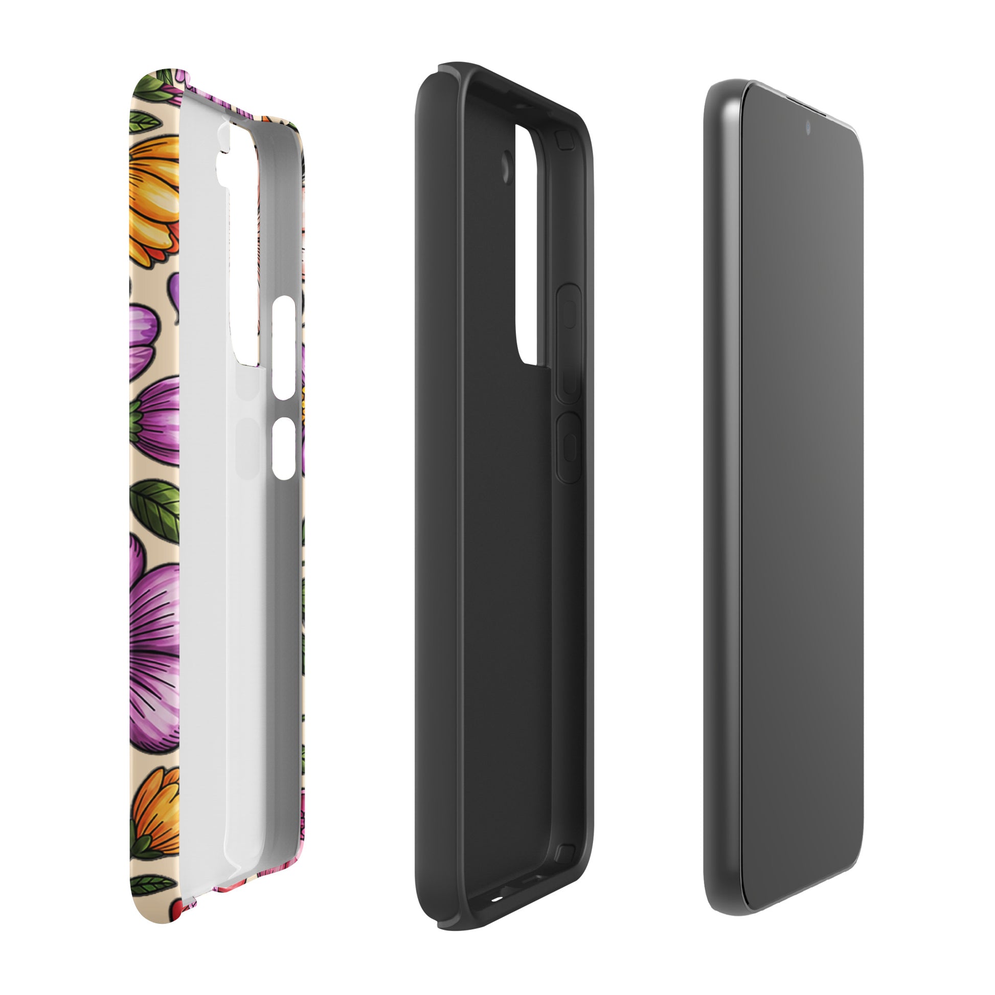 Phone Case for Samsung Galaxy with playful pastel floral design, showcasing dual-layer construction for impact resistance.