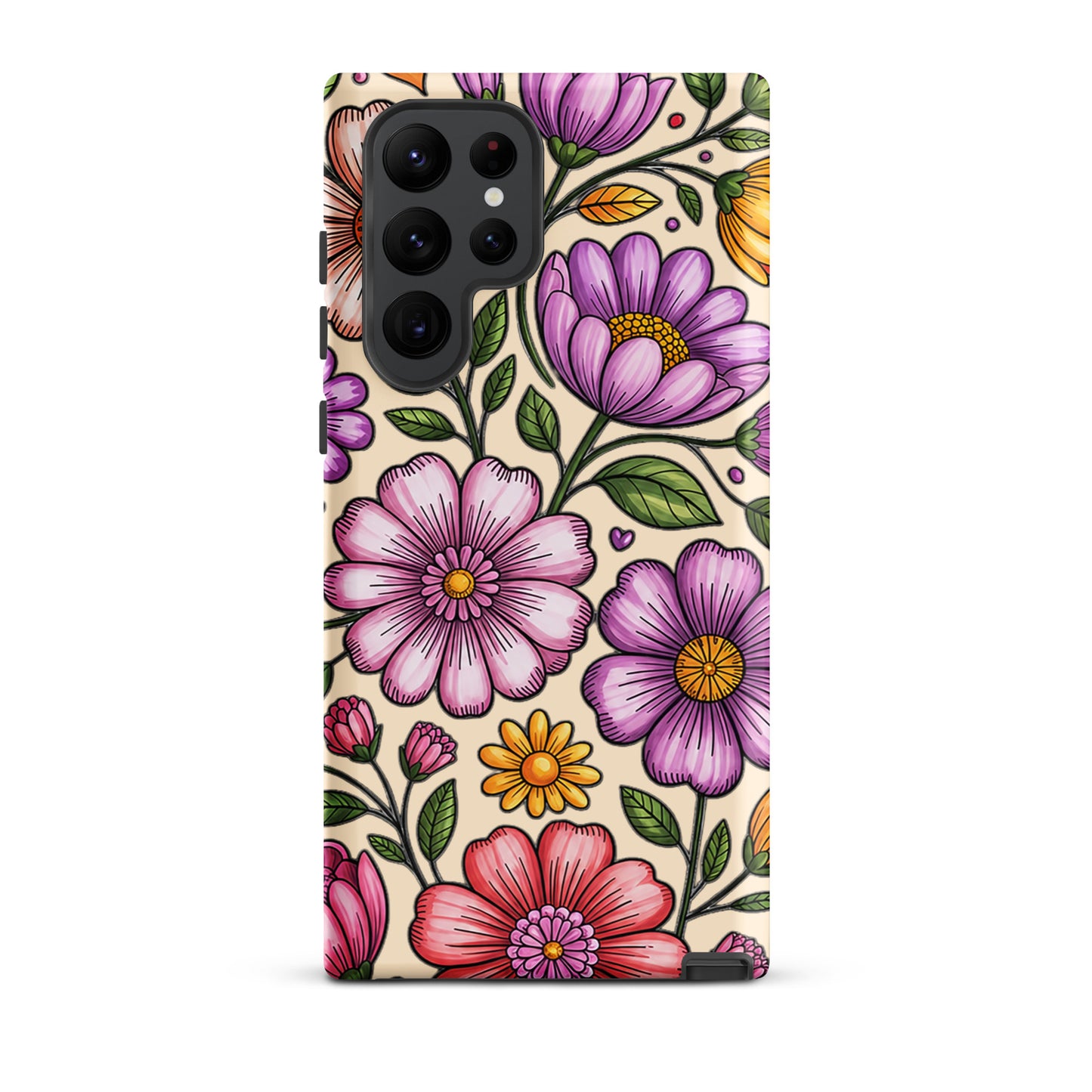 Phone Case for Samsung Galaxy with pastel floral design, featuring pink, peach, lavender, and yellow flowers on a durable shell.