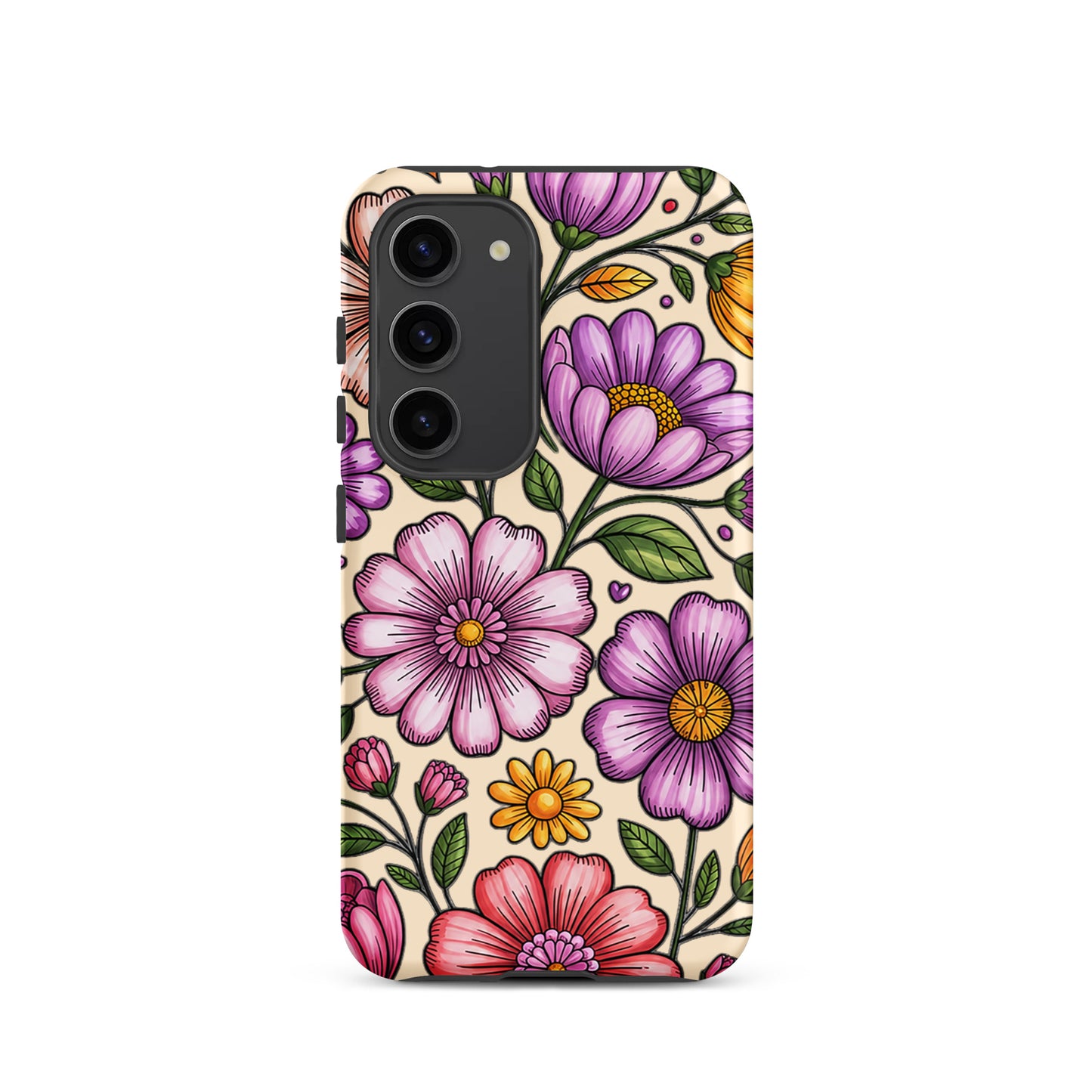 Phone Case for Samsung Galaxy with pastel floral design, featuring pink, peach, lavender, yellow flowers on a durable polycarbonate shell.