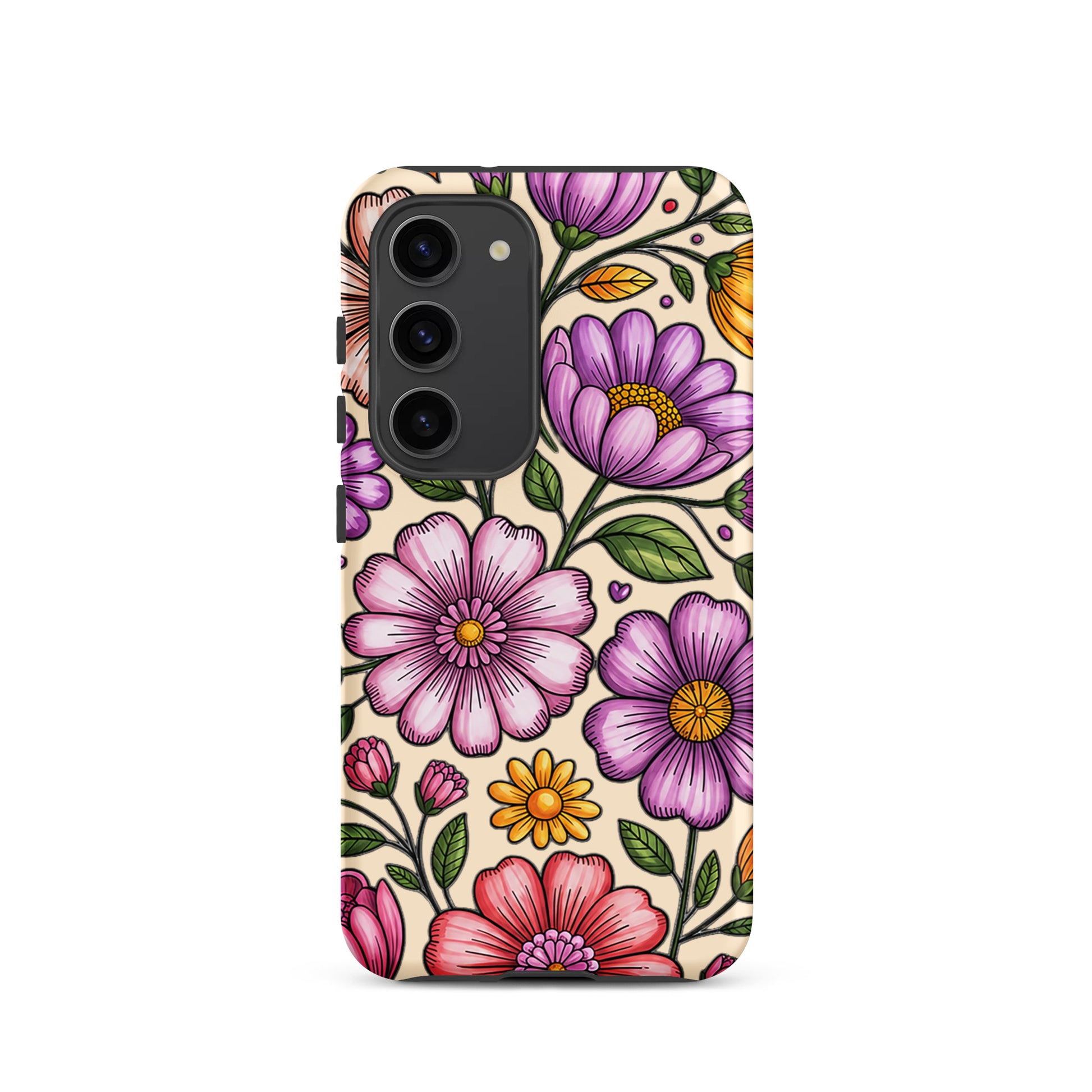 Phone Case for Samsung Galaxy with pastel floral design, featuring pink, peach, lavender, yellow flowers on a durable polycarbonate shell.