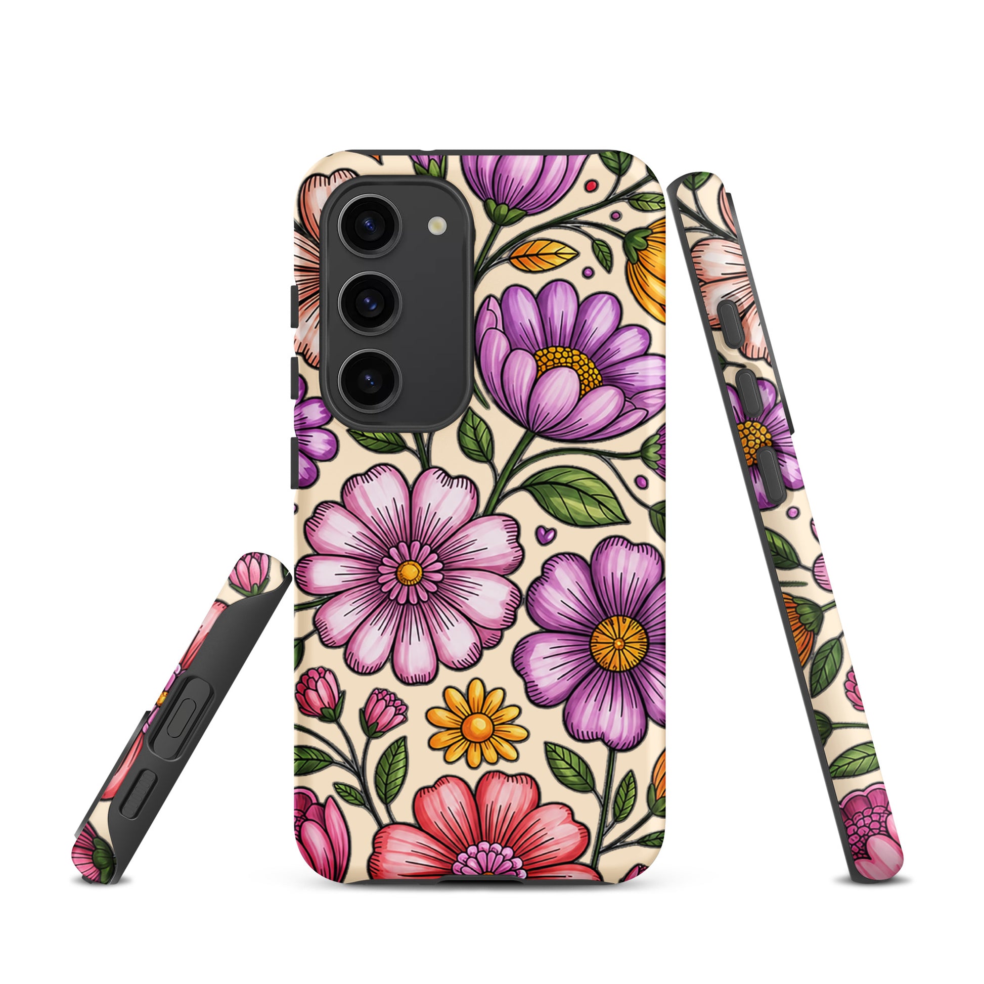 Phone Case for Samsung Galaxy with pastel floral design highlighting pink, lavender, and yellow flowers on a durable polycarbonate shell.