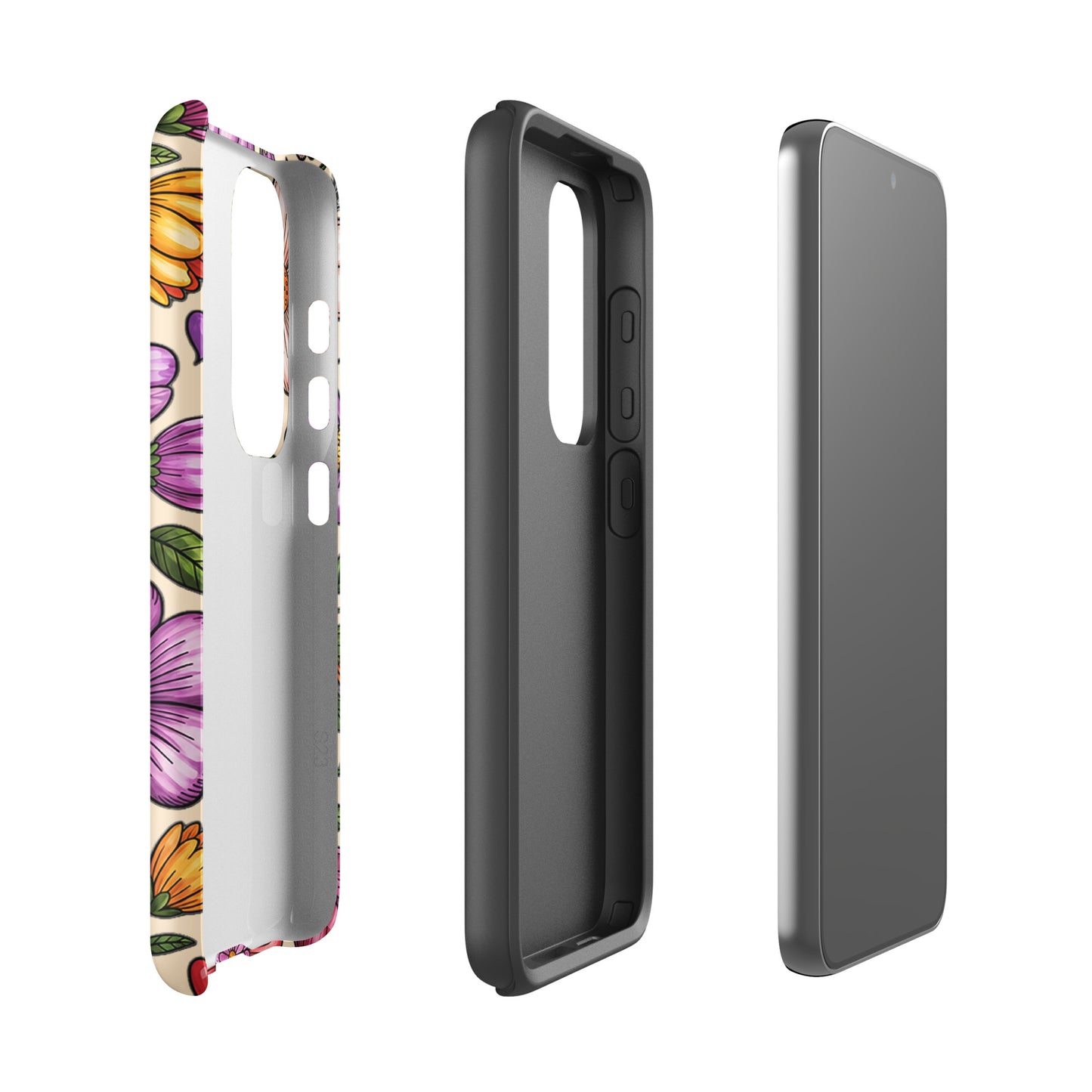 Phone Case for Samsung Galaxy: Pastel floral design with dual-layer protection, featuring soft pink, peach, lavender, and yellow flowers.