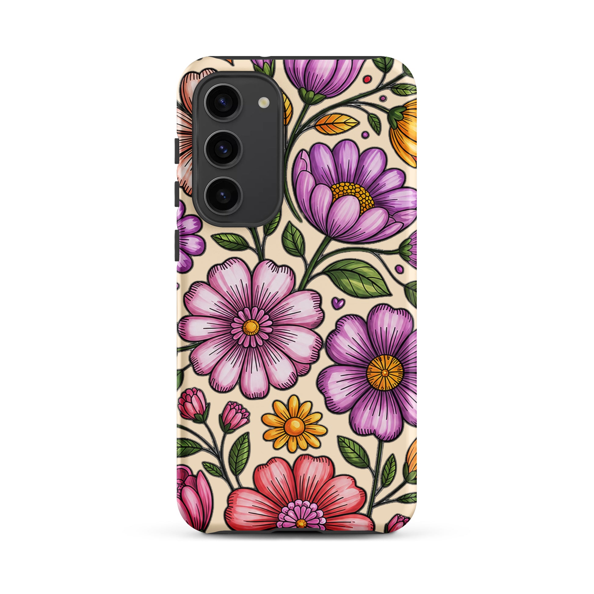 Phone Case for Samsung Galaxy with pastel floral design, featuring pink, peach, lavender, and yellow flowers on a durable polycarbonate shell.