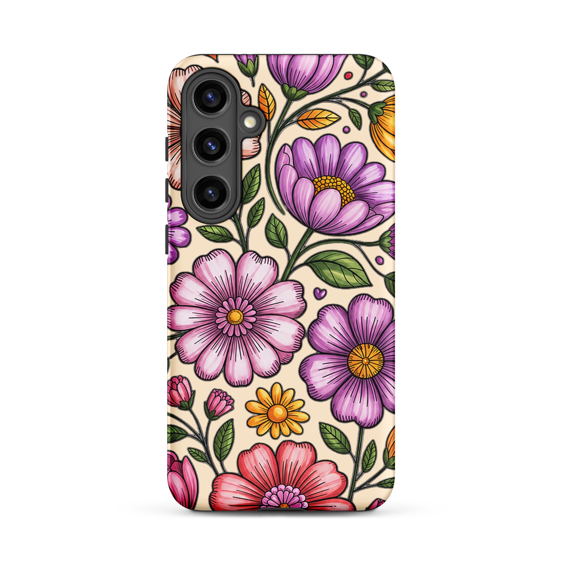 Phone Case for Samsung Galaxy with pastel floral design, featuring pink, peach, lavender, and yellow flowers on a sturdy case.