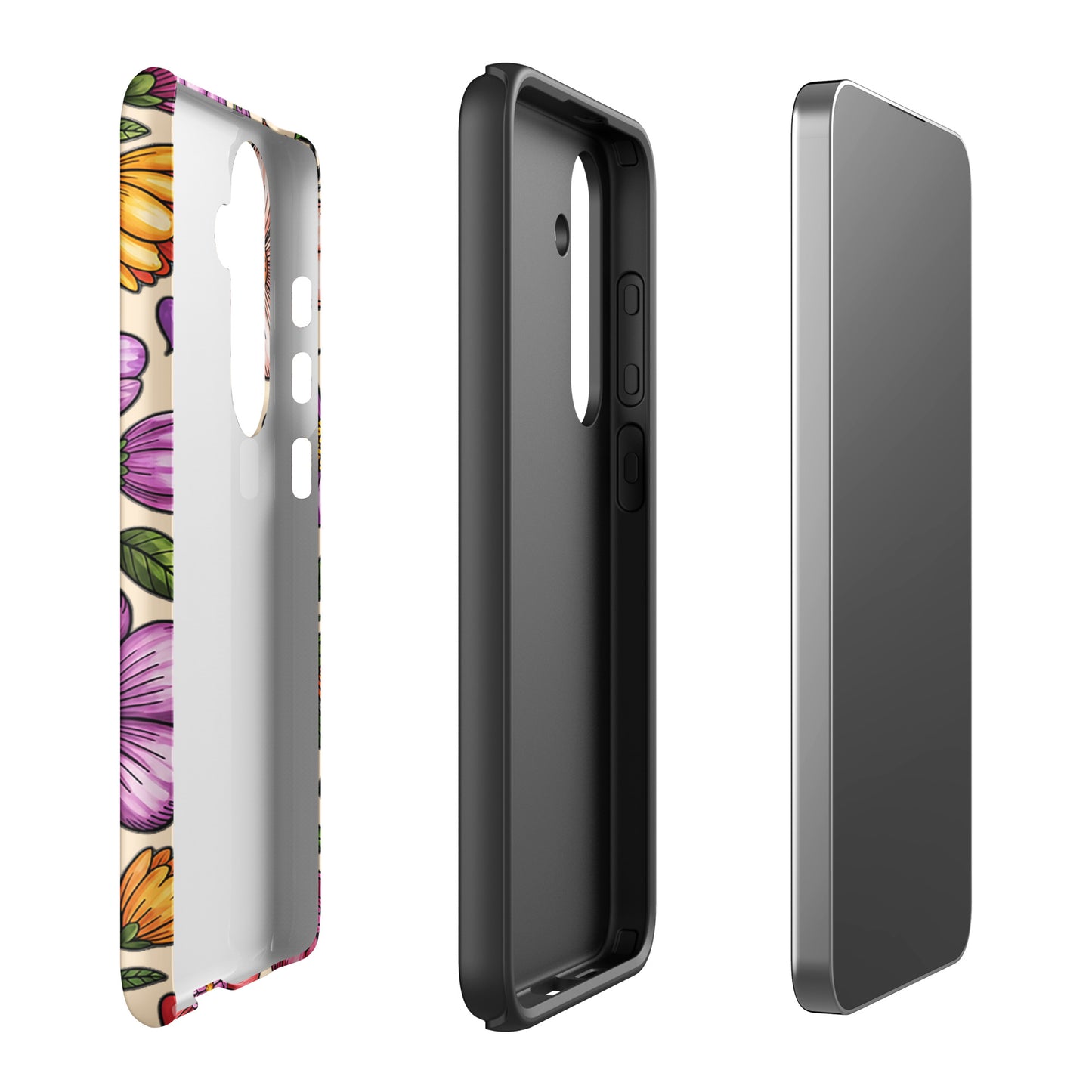 Phone Case for Samsung Galaxy with pastel floral design showcasing outer shell and dual-layer protection.