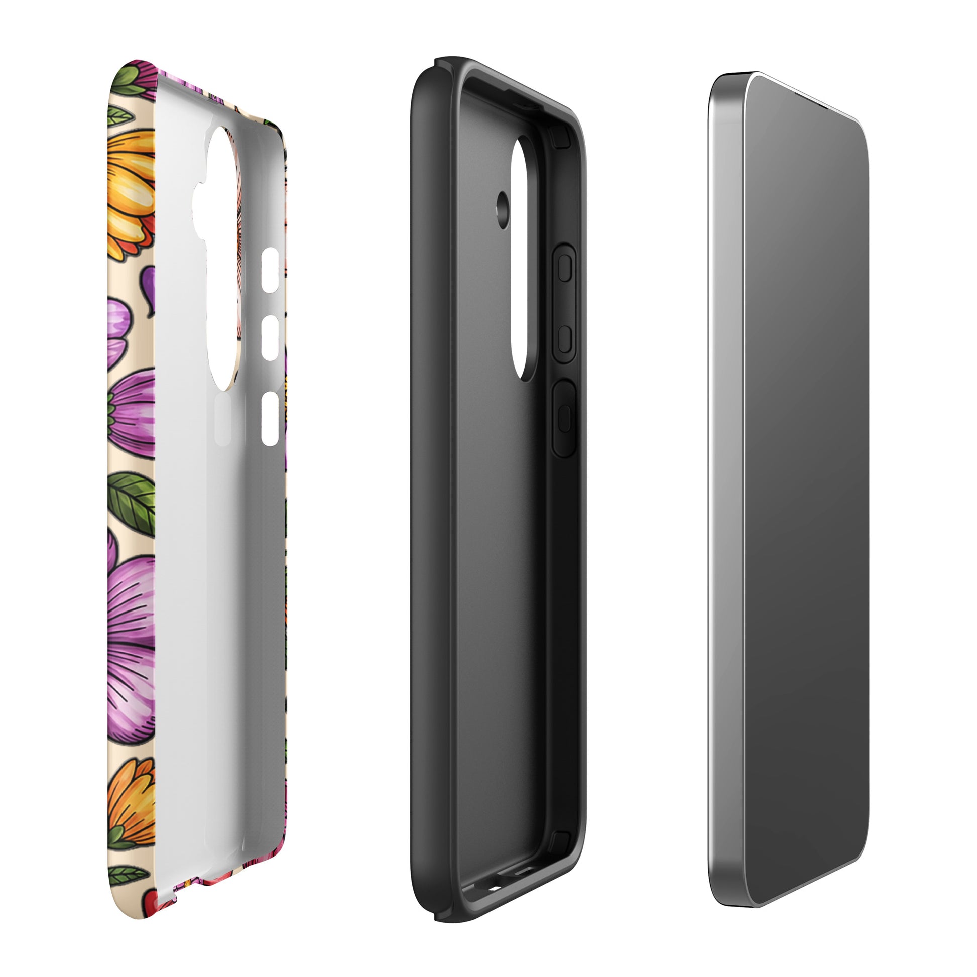 Phone Case for Samsung Galaxy with pastel floral design showcasing outer shell and dual-layer protection.