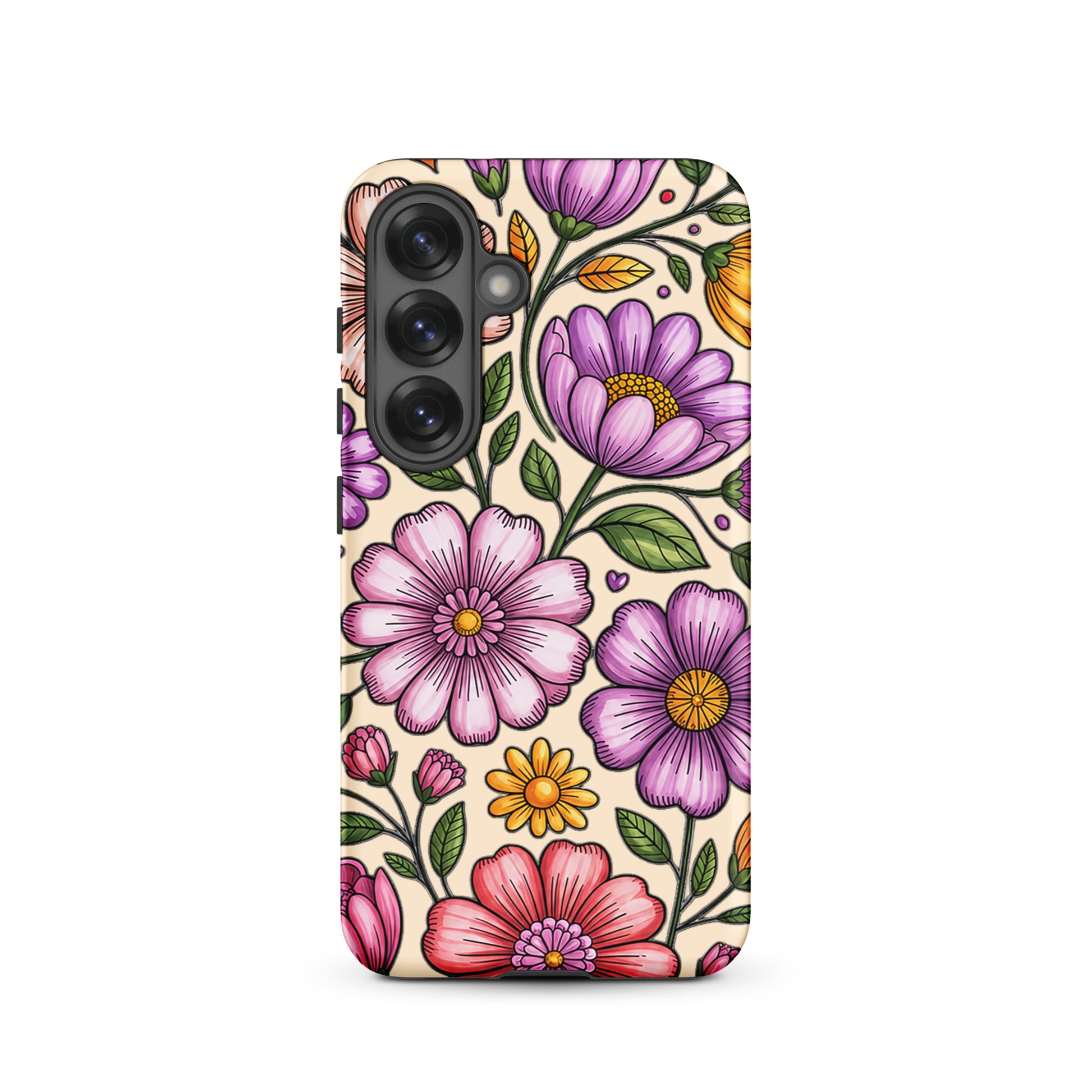 Phone Case with pastel floral design for Samsung Galaxy, featuring colorful flowers with polycarbonate shell for protection.