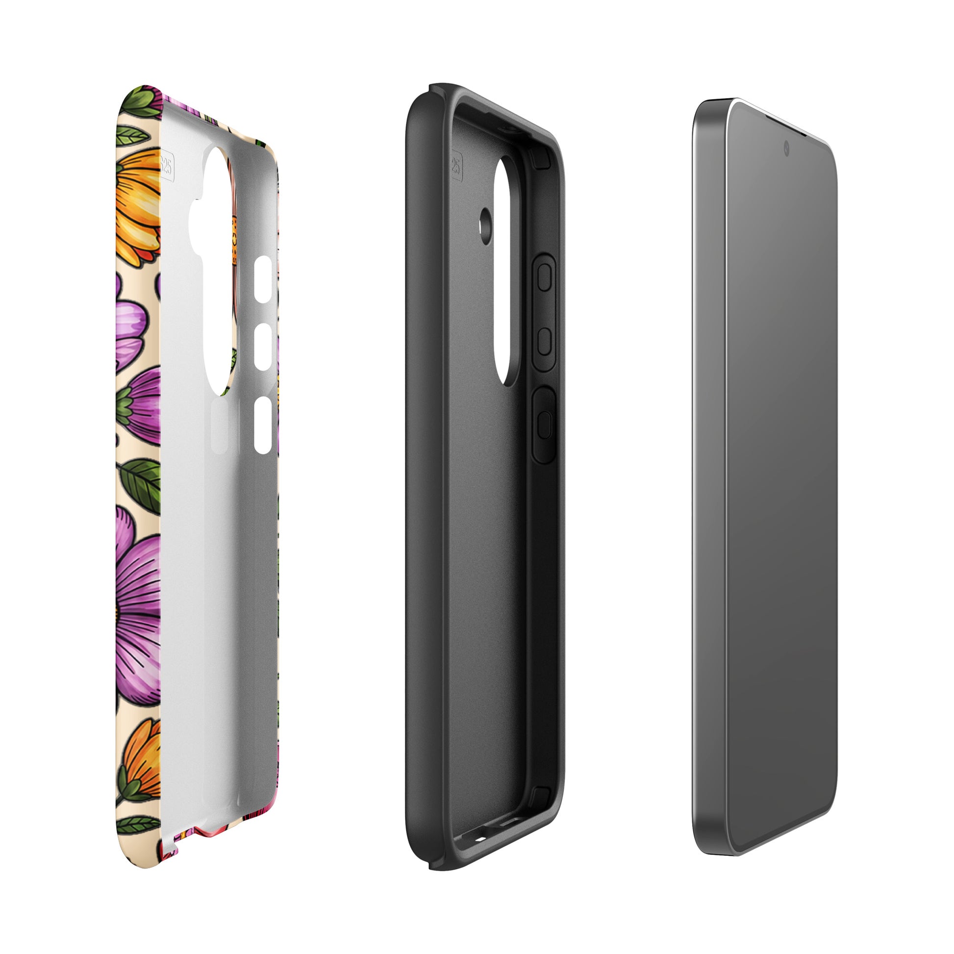 Phone Case for Samsung Galaxy with pastel floral design and dual-layer protection, showing both exterior and interior views.