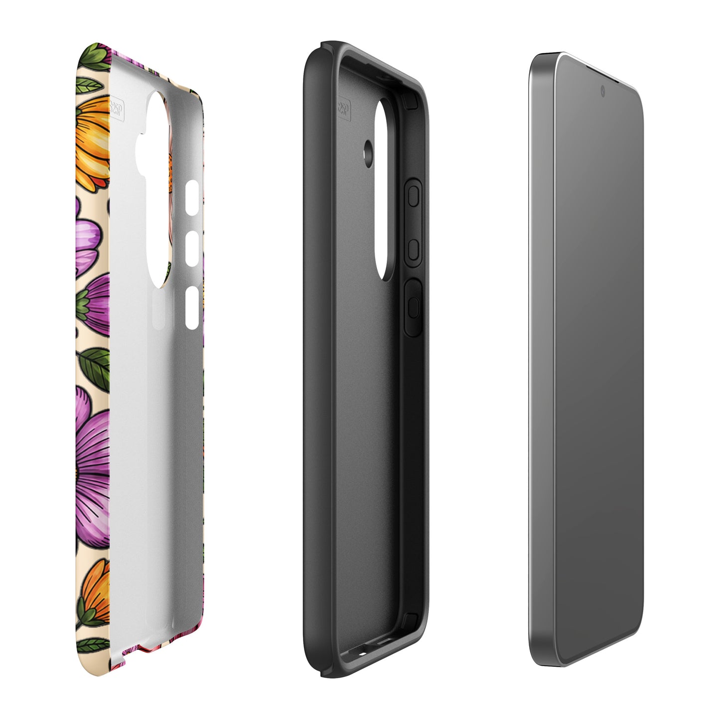 Phone Case for Samsung Galaxy with pastel floral design showcasing dual-layer protection in three parts: outer shell, frame, and device.