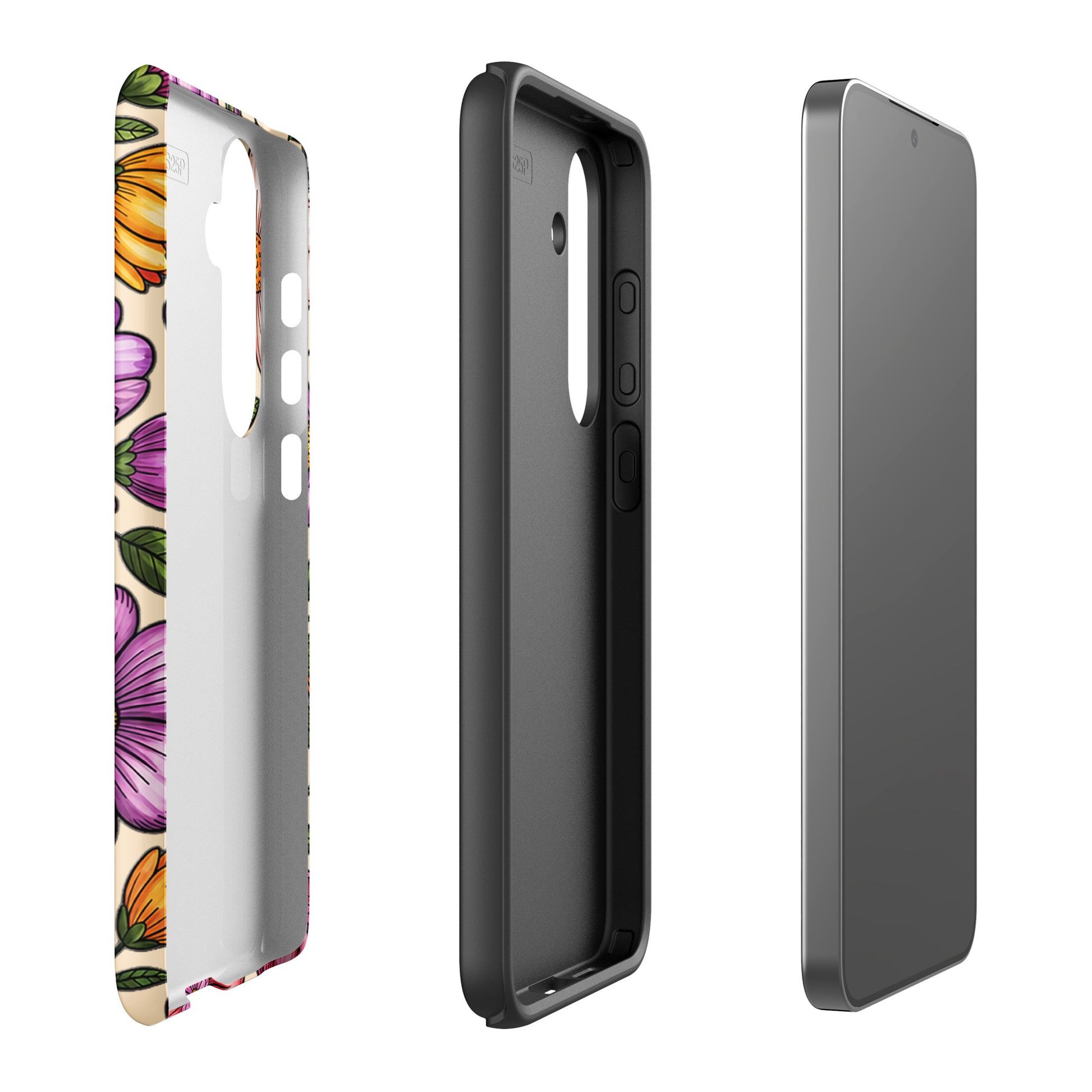 Phone Case for Samsung Galaxy with pastel floral design showcasing dual-layer protection in three parts: outer shell, frame, and device.
