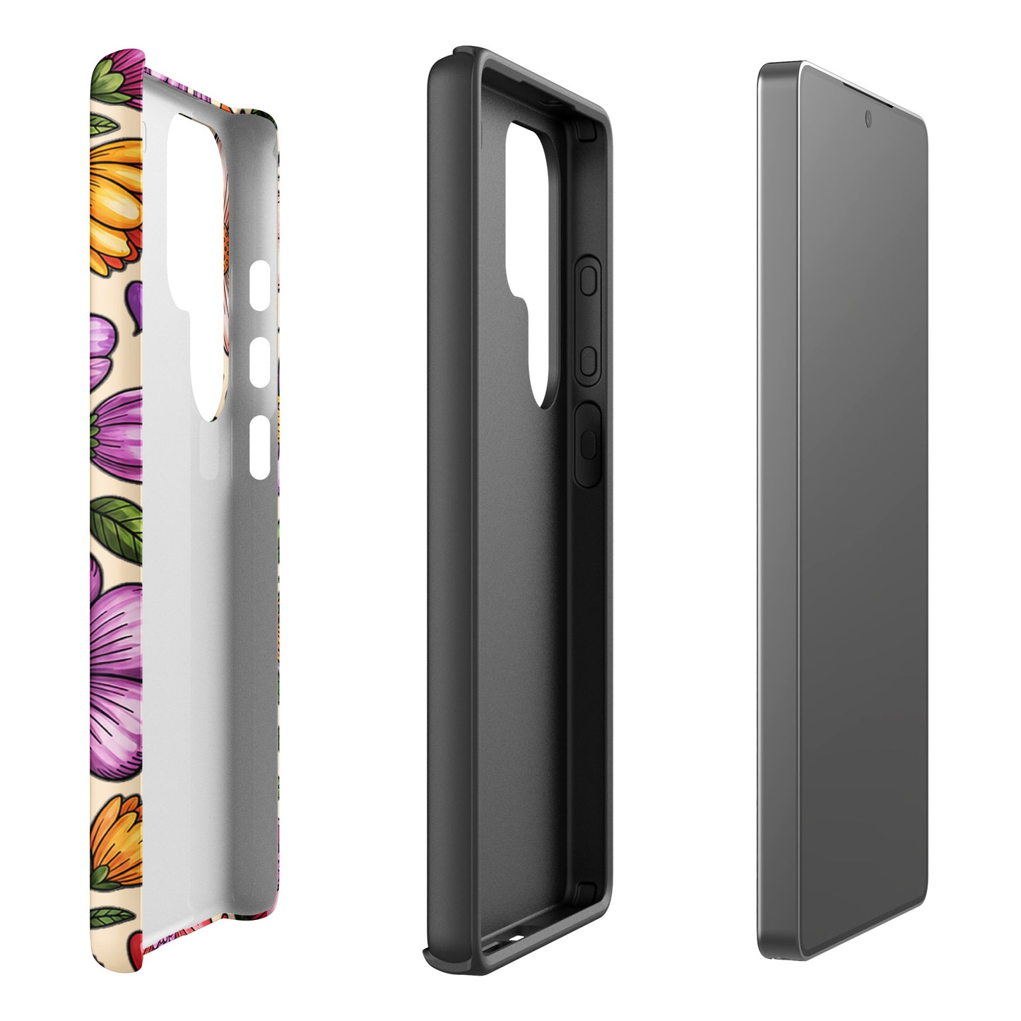 Phone Case for Samsung Galaxy in pastel floral design with dual-layer construction, showcasing outer shell and interior view for durability.