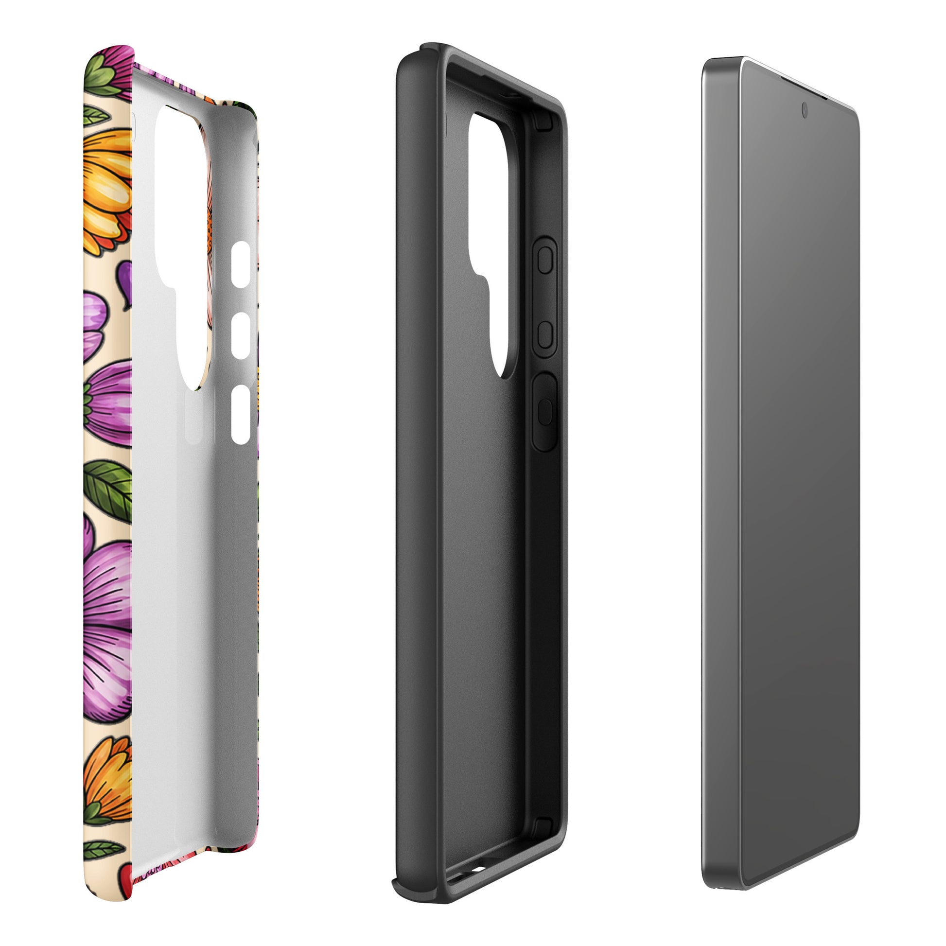 Phone Case for Samsung Galaxy in pastel floral design with dual-layer construction, showcasing outer shell and interior view for durability.