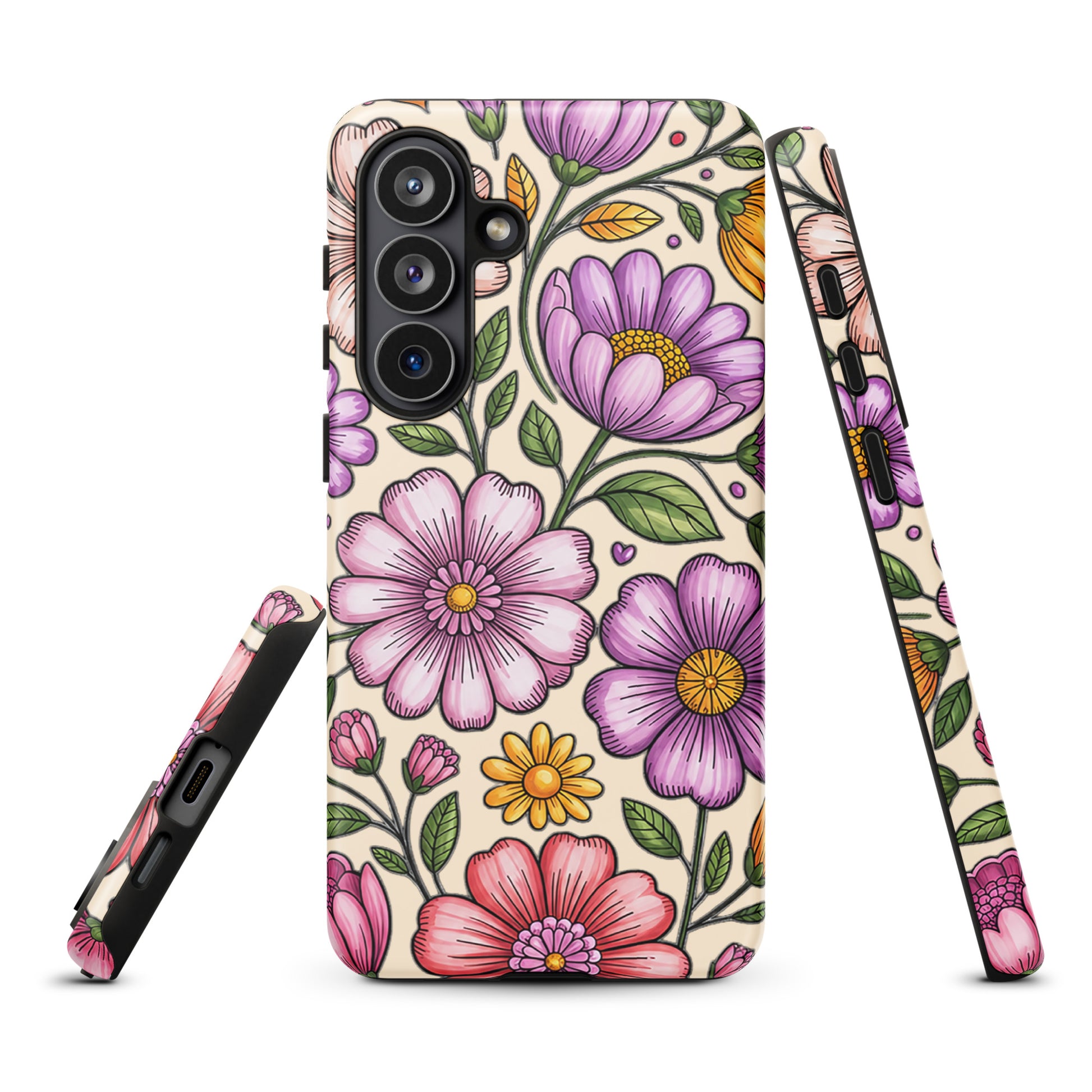 Phone Case for Samsung Galaxy with pastel floral design featuring pink, peach, lavender, and yellow flowers on a sturdy polycarbonate shell.