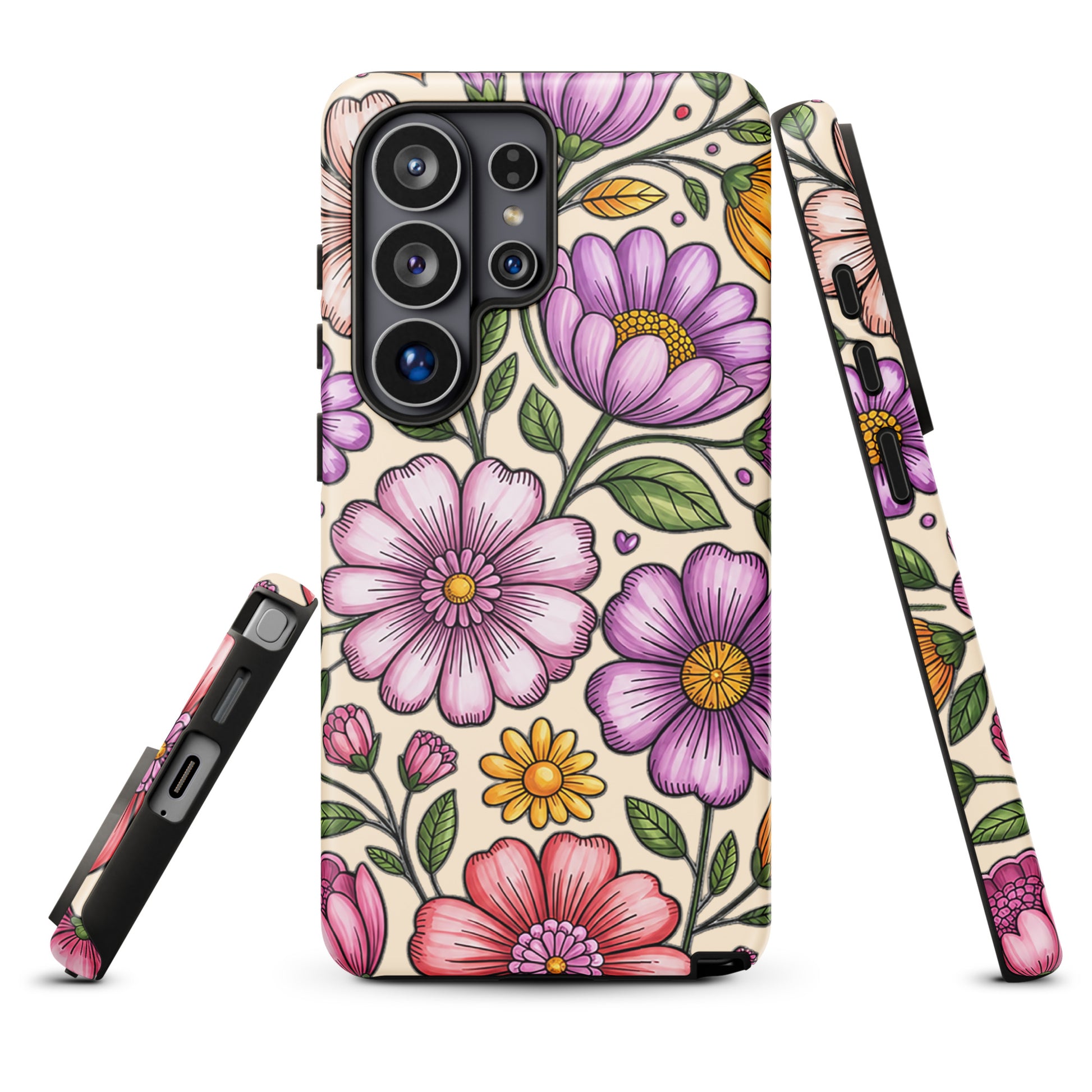 Phone Case for Samsung Galaxy with pastel floral design in soft pinks, peaches, and lavenders, featuring a dual‑layer construction.