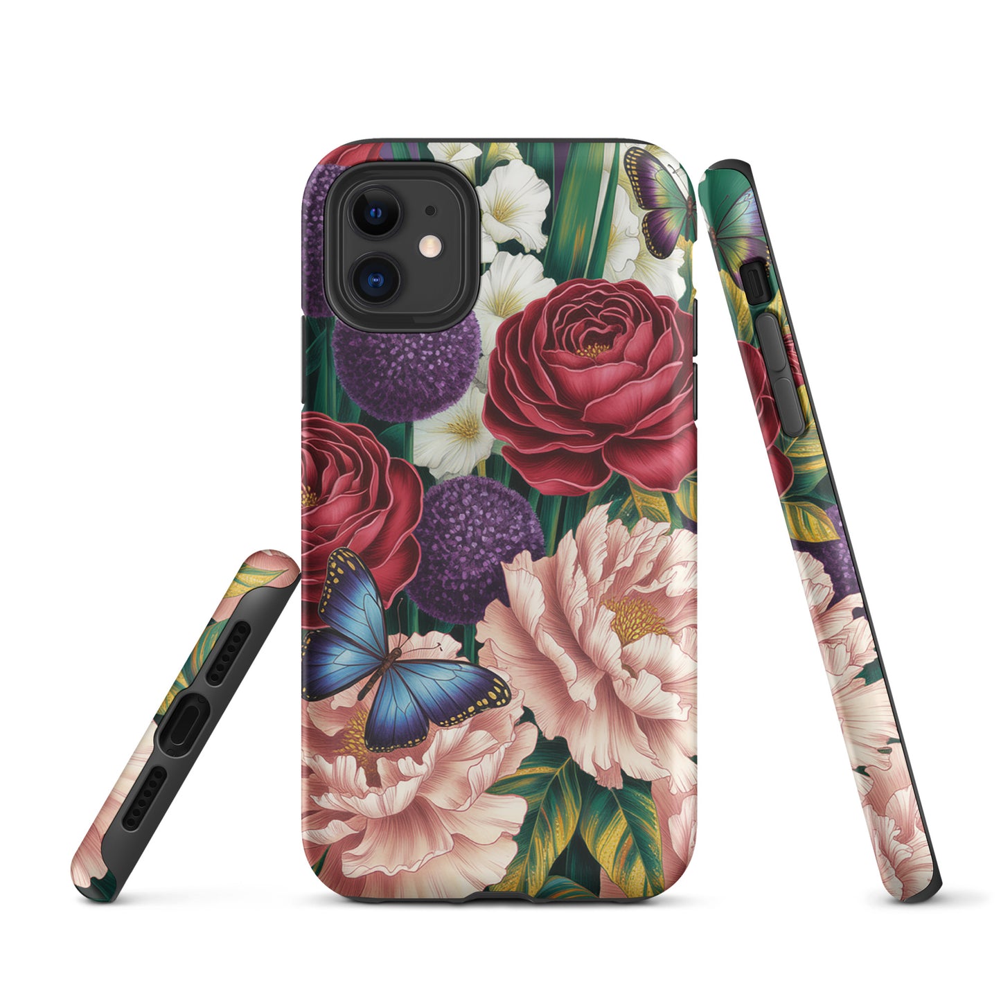 Phone Case for iPhone featuring vivid botanical design with crimson roses, pink peonies, purple alliums, and blue butterflies.