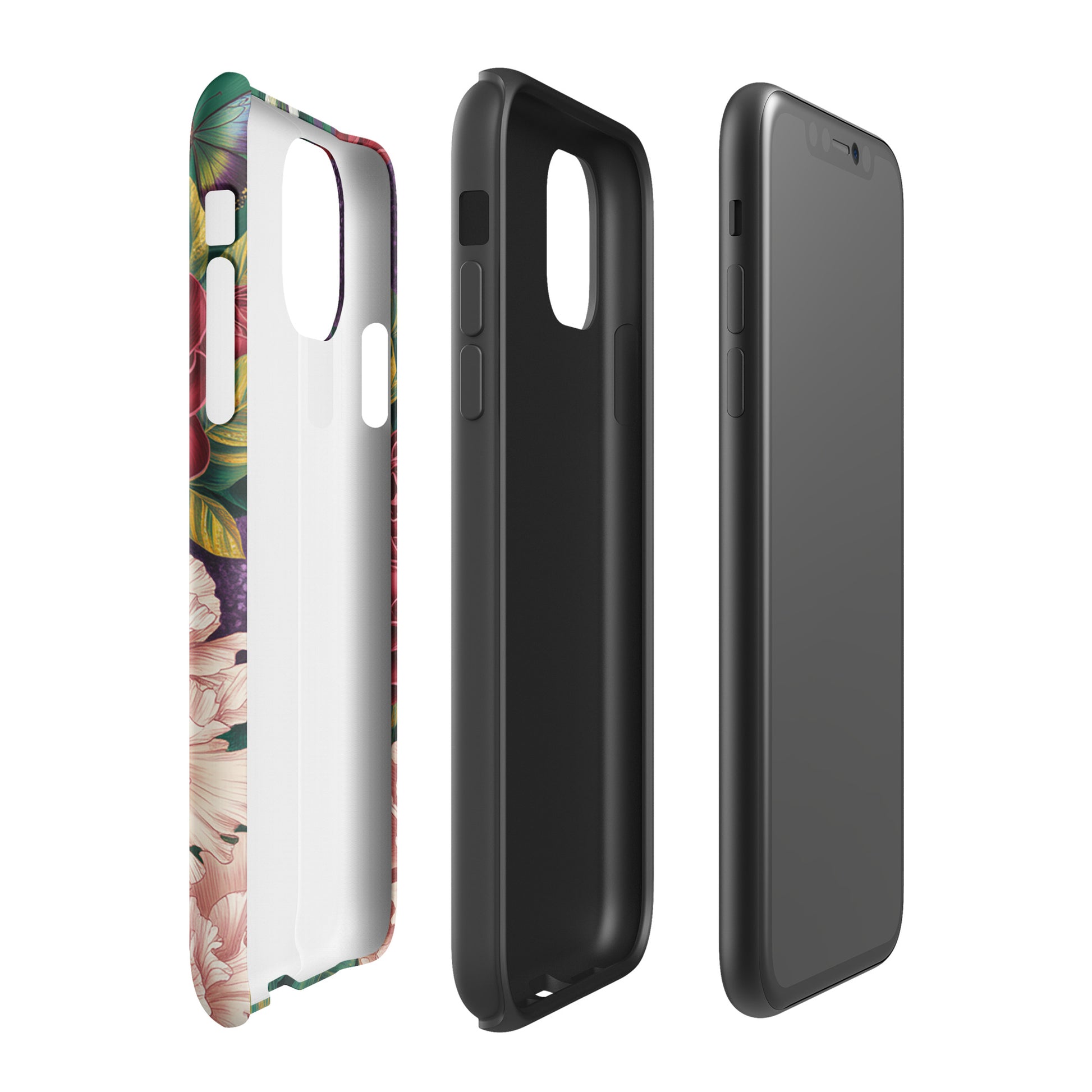 Phone Case for iPhone showing botanical design with roses, peonies, alliums, foliage, and butterflies.