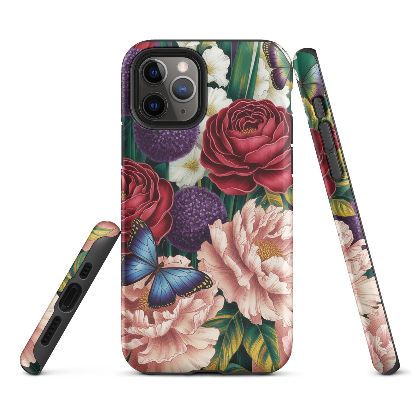 Phone Case for iPhone featuring crimson roses, pink peonies, purple alliums, emerald foliage, and blue butterflies.