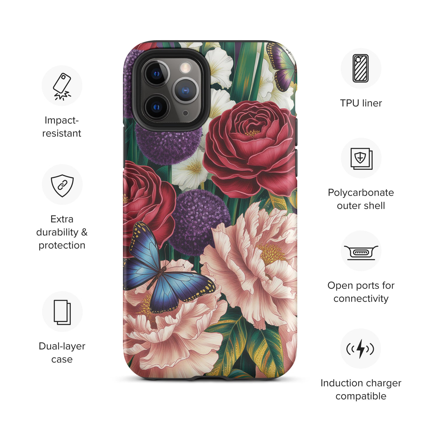 Phone Case for iPhone with crimson roses, pink peonies, purple alliums, emerald foliage, and sapphire-blue butterflies design.