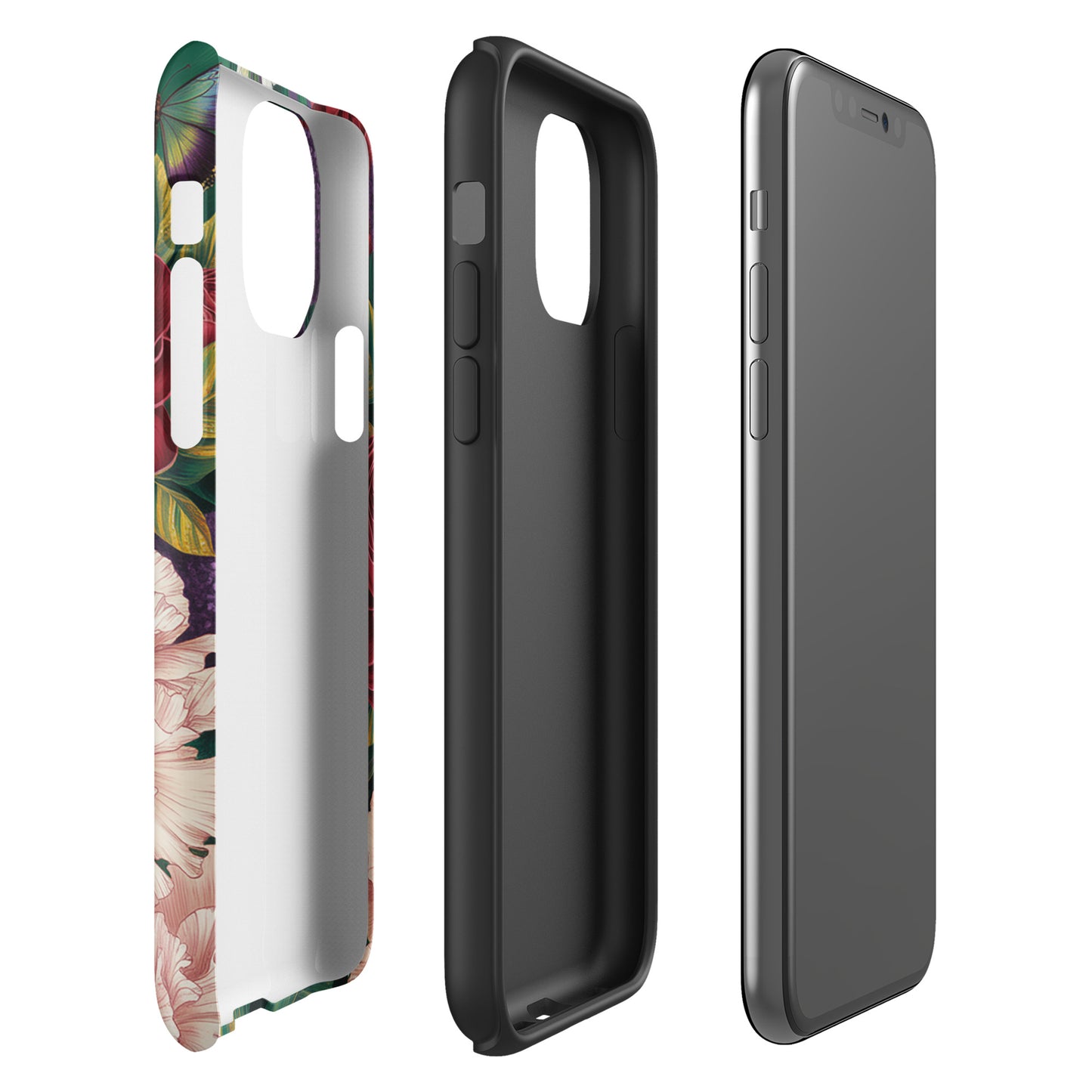 Phone Case for iPhone: Botanical Garden Bloom with vivid floral design and butterfly accents, showing front and back views.