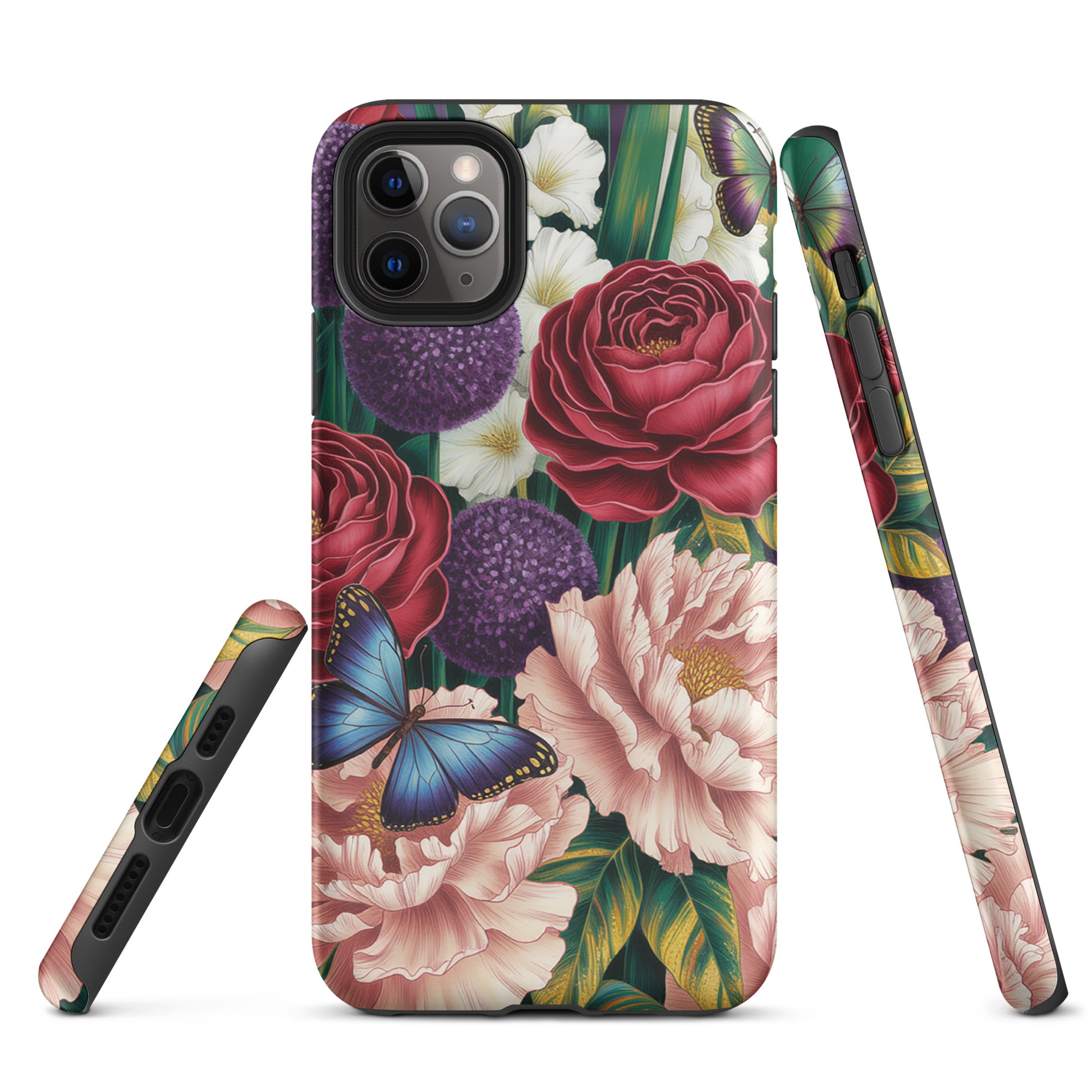 Phone Case with botanical design featuring crimson roses, pink peonies, purple alliums, emerald foliage, and blue butterflies.