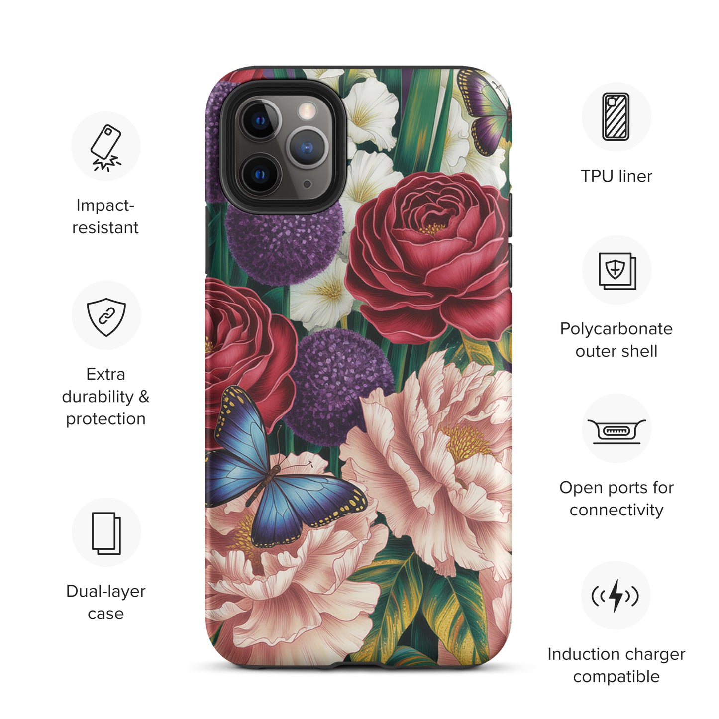 Phone Case for iPhone with botanical garden design featuring red roses, pink peonies, purple alliums, and blue butterflies.