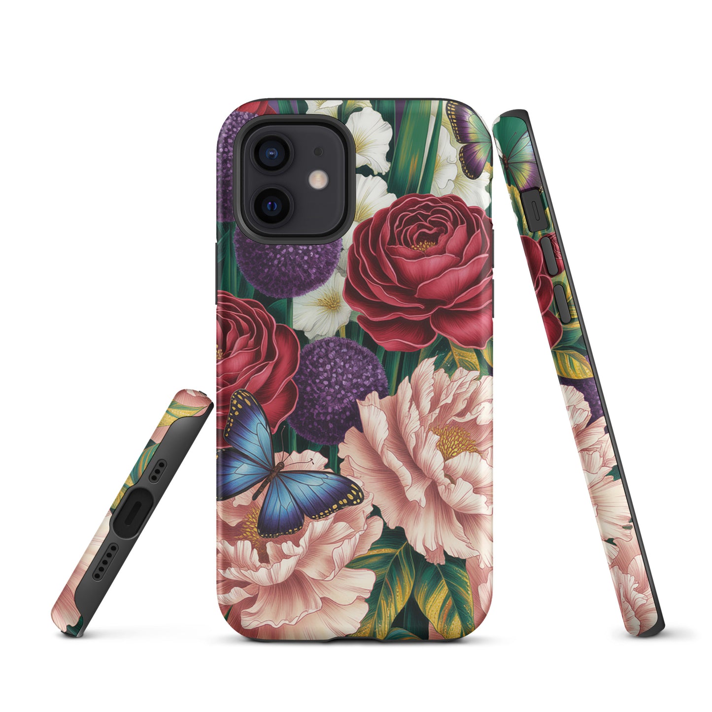 Phone Case with crimson roses, pink peonies, purple alliums, blue butterflies on emerald foliage