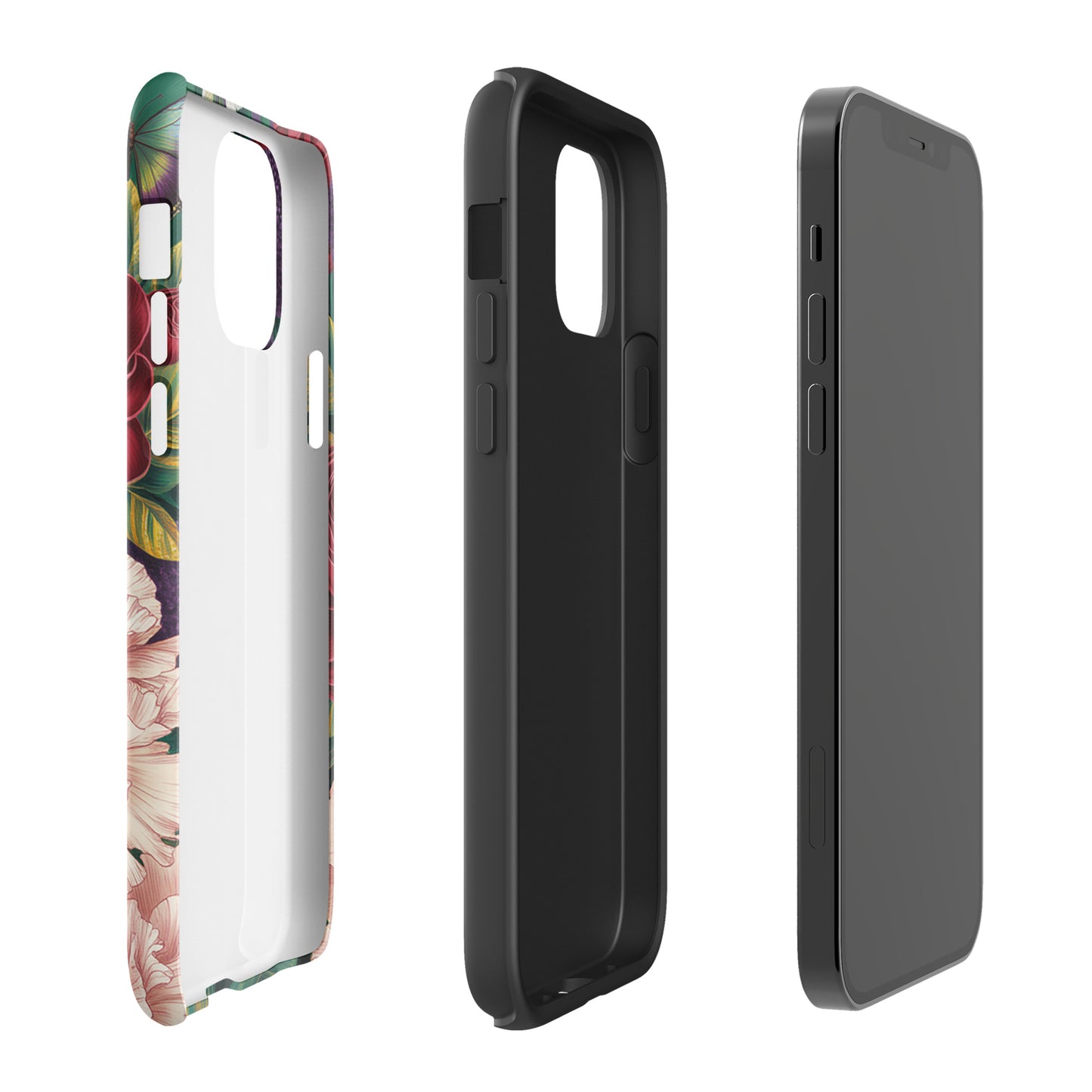 Phone Case for iPhone featuring botanical design with roses, peonies, alliums, and butterflies, emphasizing vivid artistic expression.