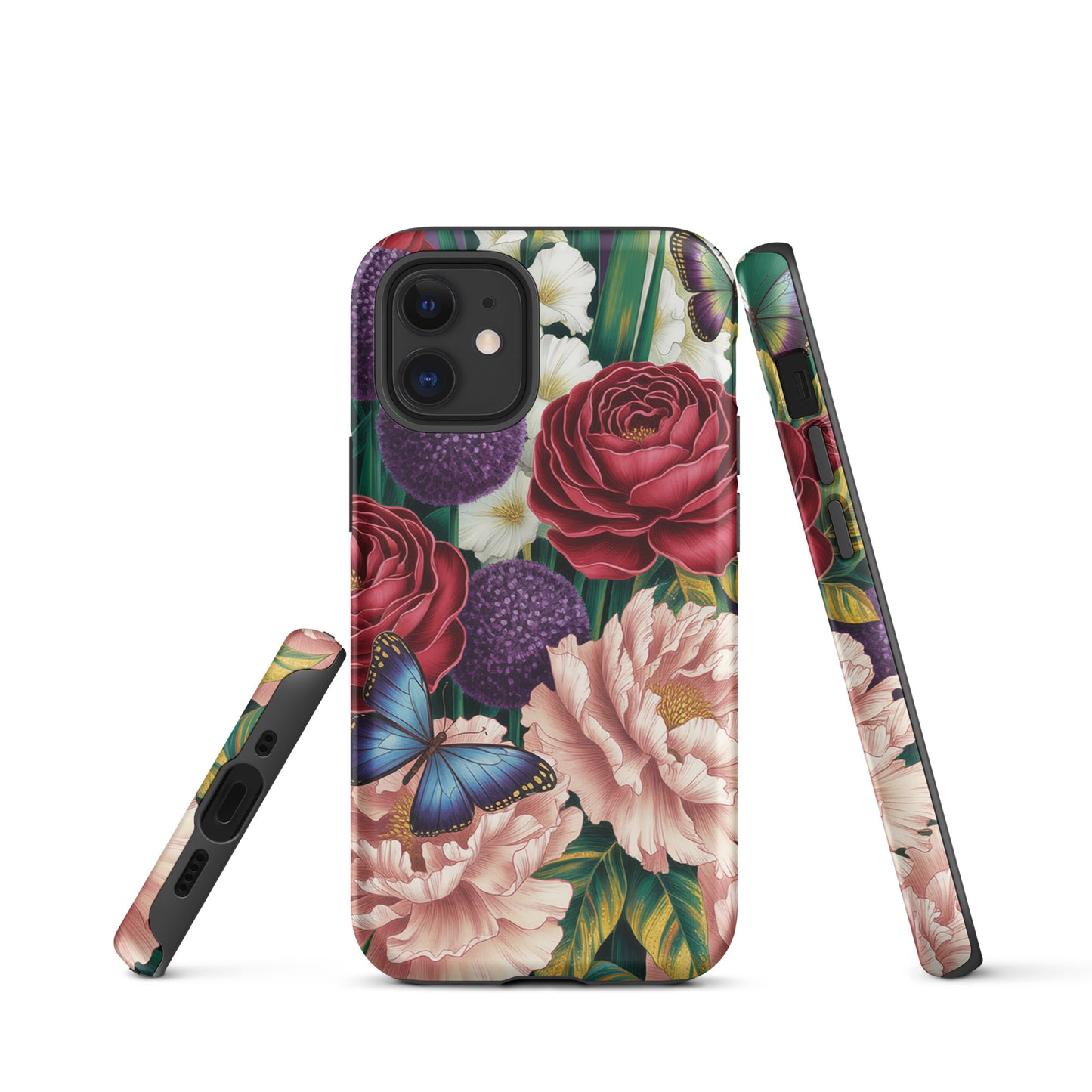 Phone Case for iPhone with botanical garden design featuring roses, peonies, alliums, and butterflies for a nature-inspired look.