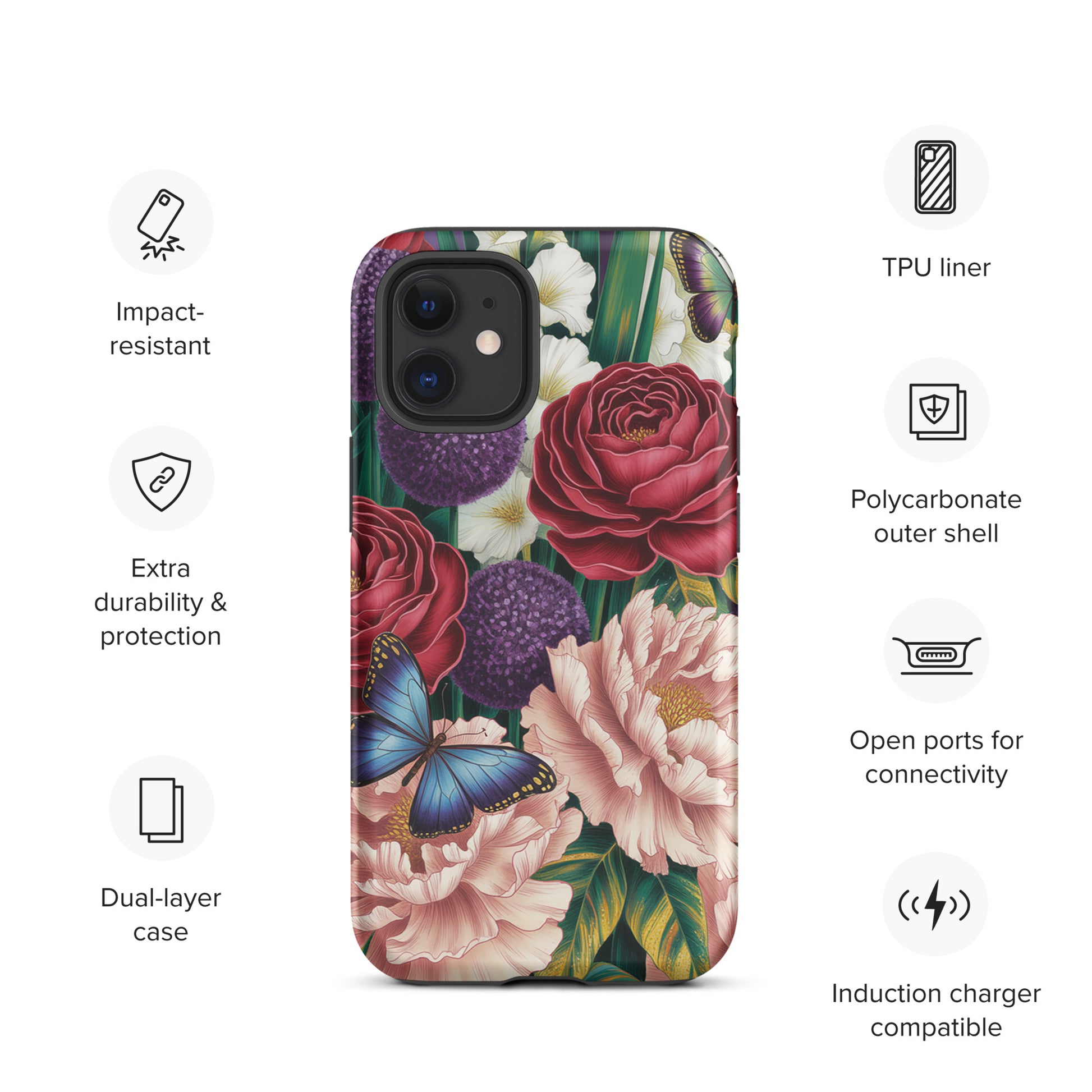 Phone Case for iPhone featuring crimson roses, pink peonies, purple alliums, emerald foliage, and blue butterflies with TPU liner.
