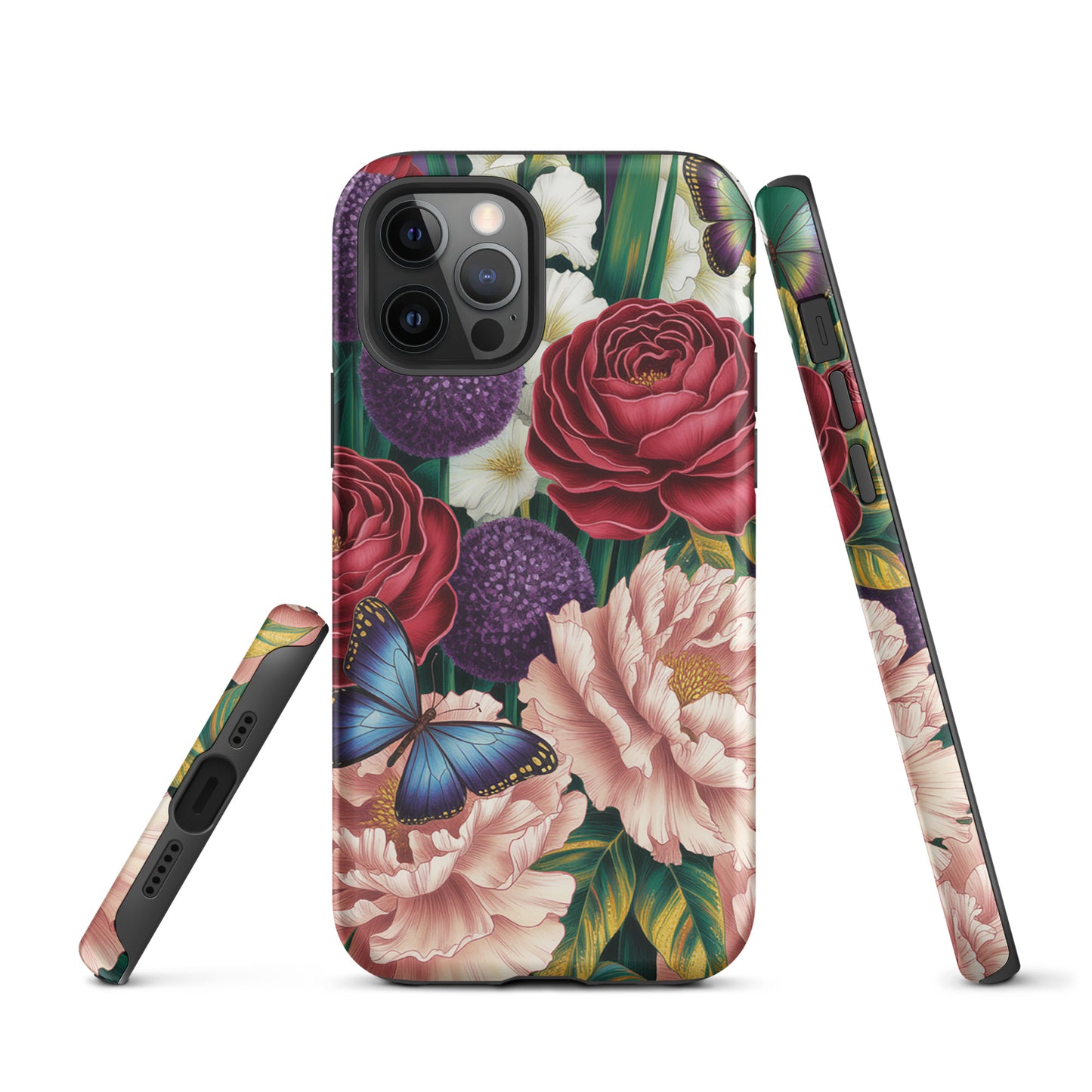 Phone Case featuring crimson roses, pink peonies, and blue butterflies with lush foliage for iPhone Botanical Garden Bloom design.
