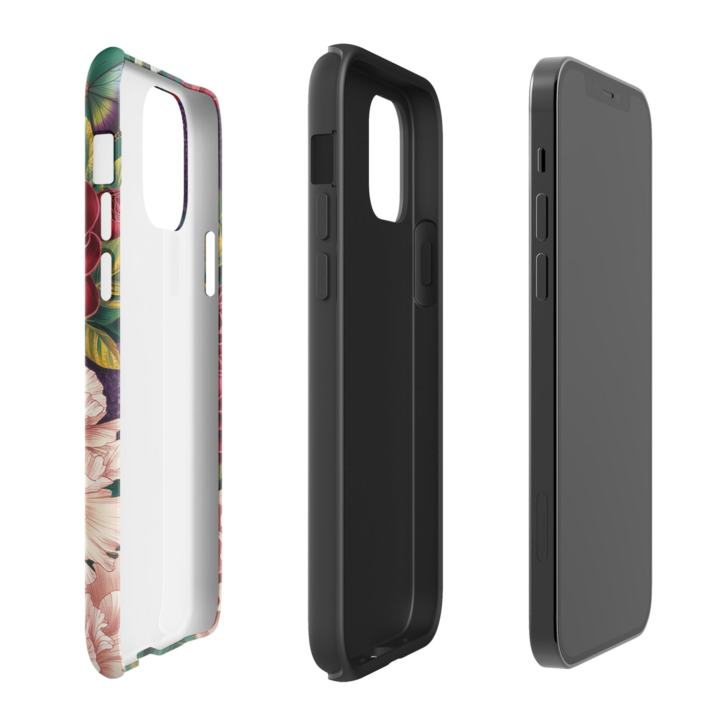 Phone Case for iPhone with botanical garden bloom design, featuring crimson roses, pink peonies, and blue butterflies on a floral pattern.