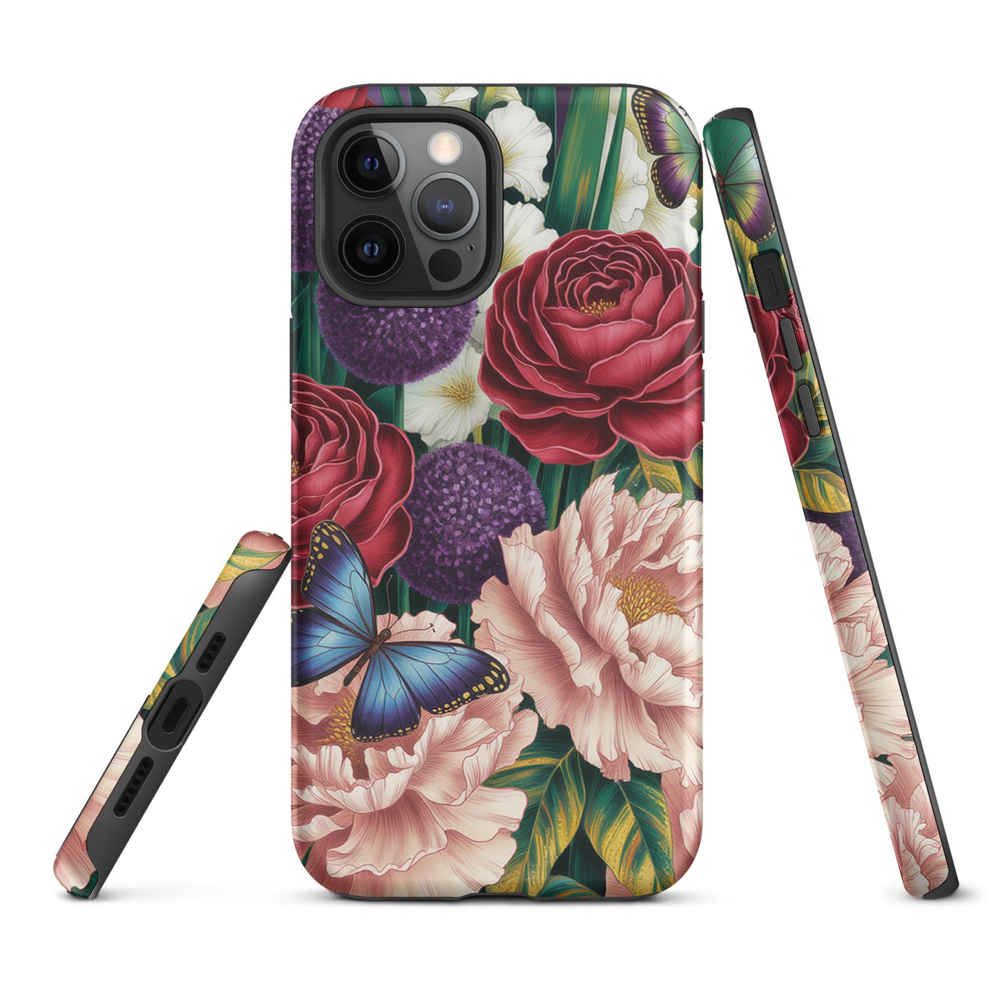 Phone Case with vibrant garden design featuring crimson roses, pink peonies, purple alliums, and blue butterflies for iPhone.