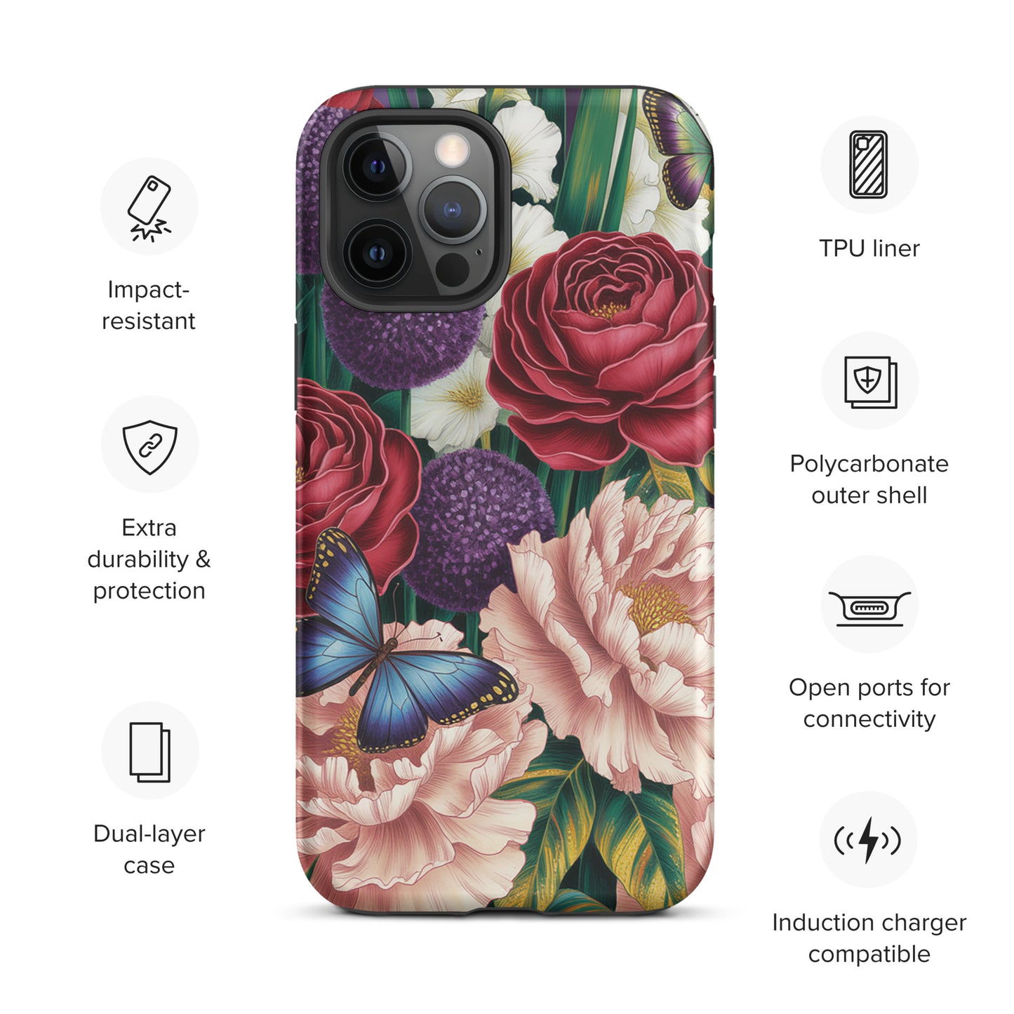 Phone Case for iPhone featuring vivid crimson roses, pink peonies, and butterflies on a botanical garden design with TPU liner and polycarbonate shell.
